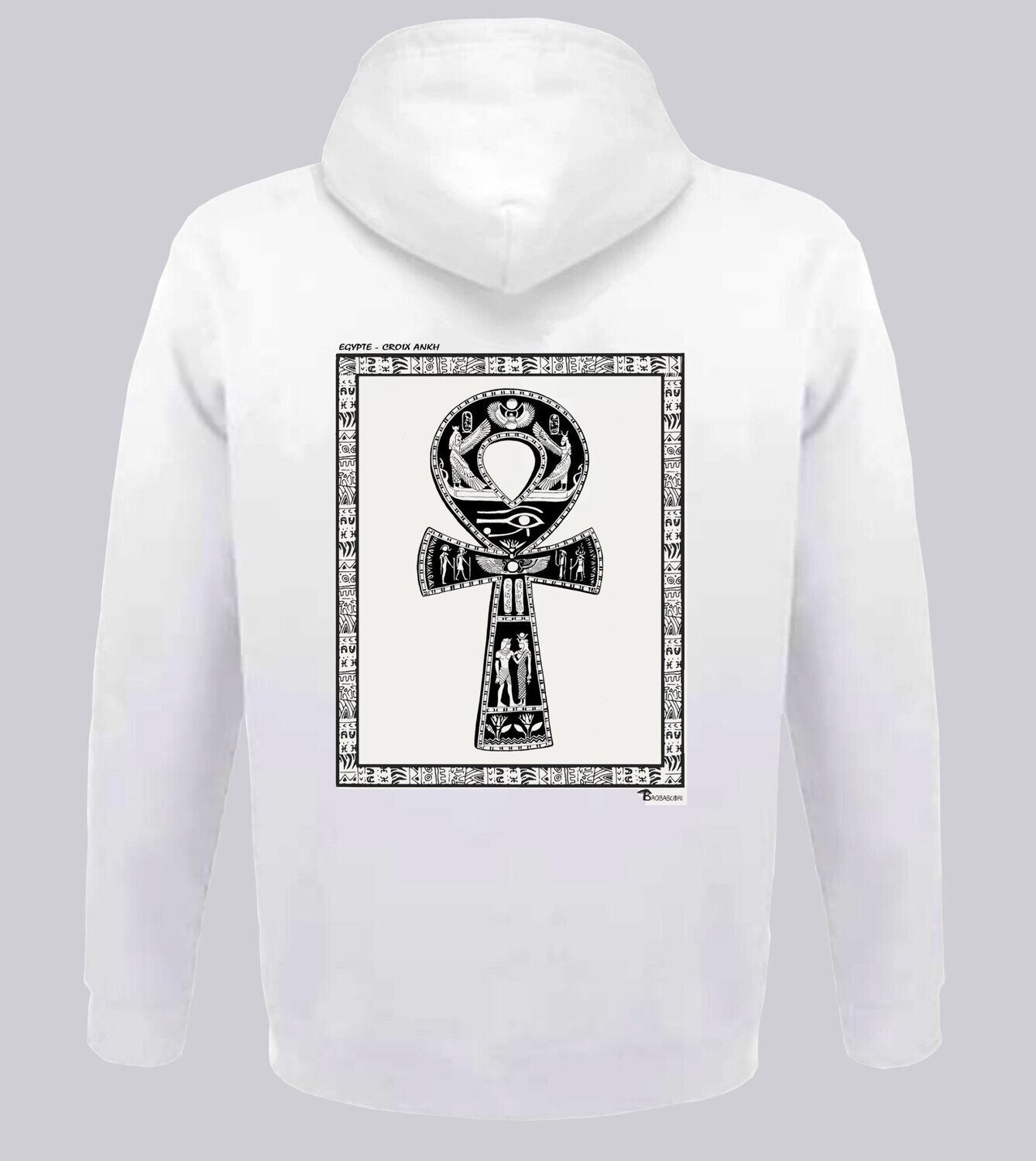 SWEAT A CAPUCHE FASHION BIJOUX CROIX DE ANKH EGYPTE, COULEUR: BLANC, FOND MOTIF: BLANC