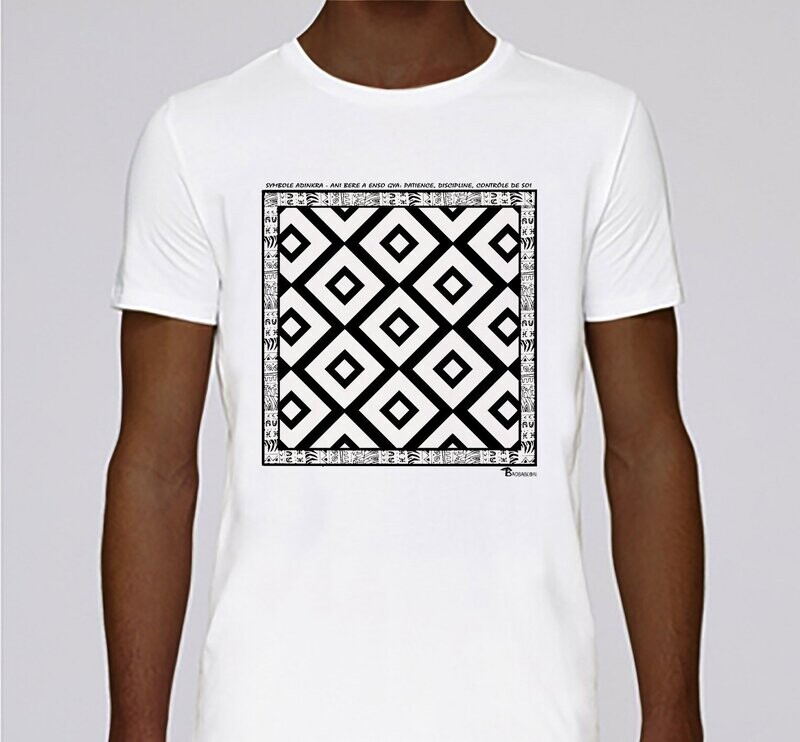 TEE SHIRT SYMBOLE ADINKRA "ANI BERE A ENSO GYA" PATIENCE DISCIPLINE CONTROLE DE SOI, COULEUR: BLANC