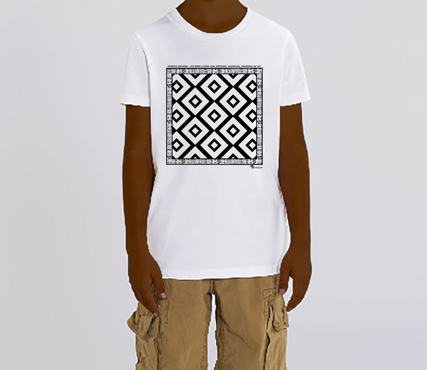 TEE SHIRT SYMBOLE ADINKRA "ANI BERE A ENSO GYA" PATIENCE DISCIPLINE CONTROLE DE SOI, COULEUR: BLANC