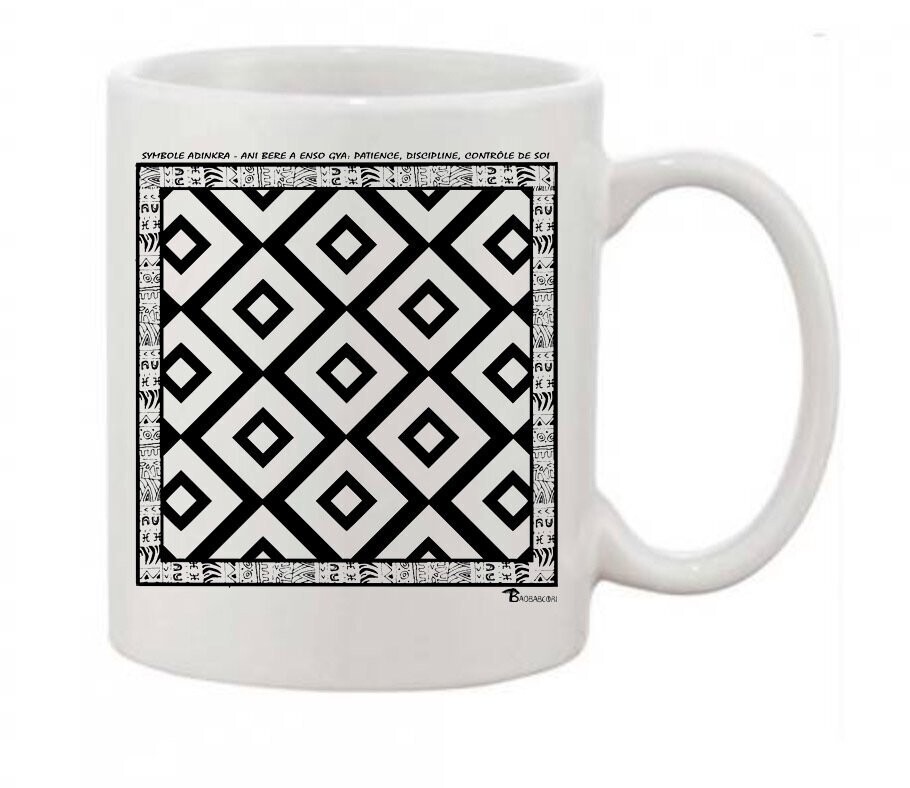 MUG SYMBOLE  ADINKRA "ANI BERE A ENSO GYA" PATIENCE DISCIPLINE CONTROLE DE SOI