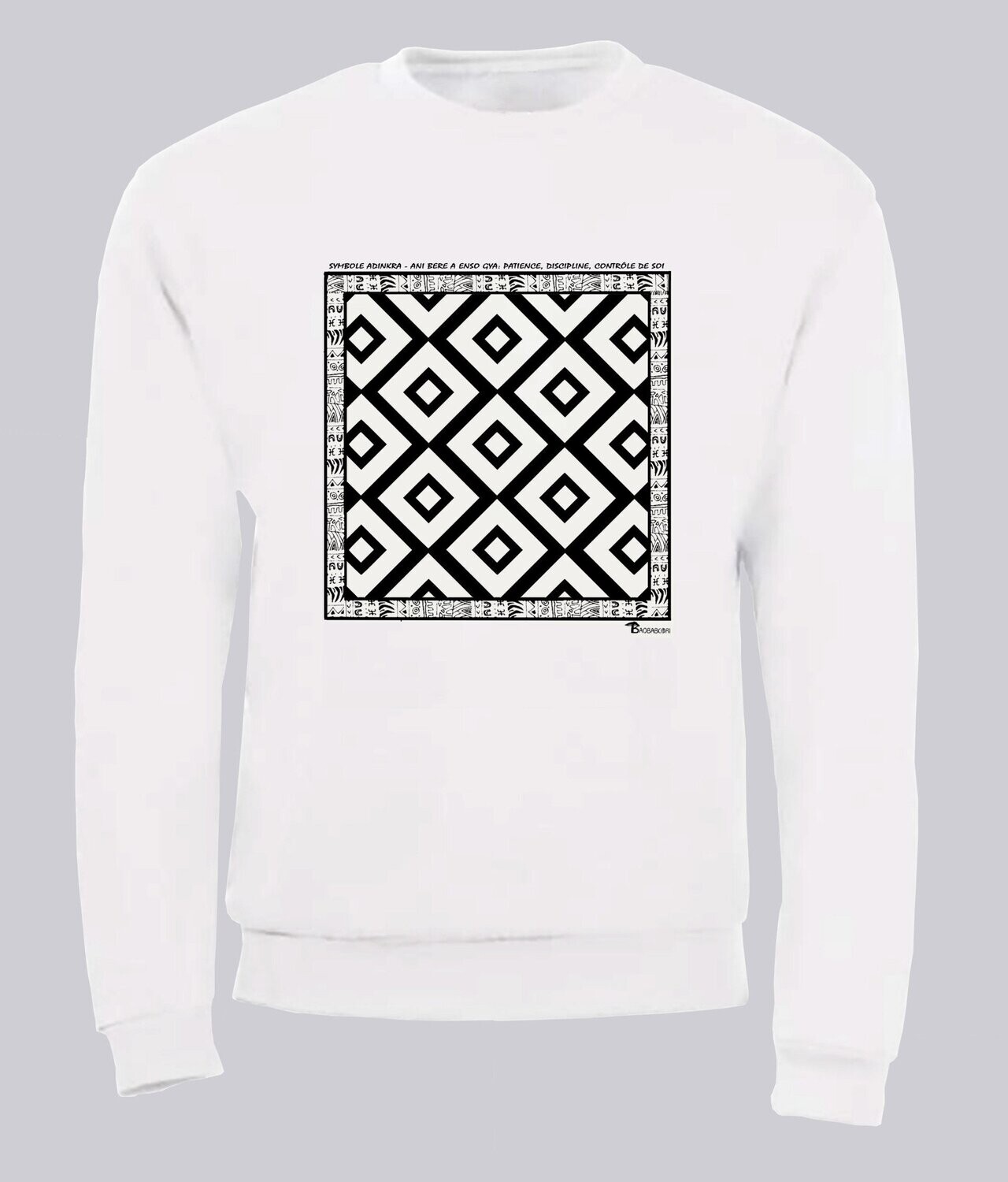 SWEAT  SYMBOLE ADINKRA "ANI BERE A ENSO GYA" PATIENCE DISCIPLINE CONTROLE DE SOI, COULEUR: BLANC