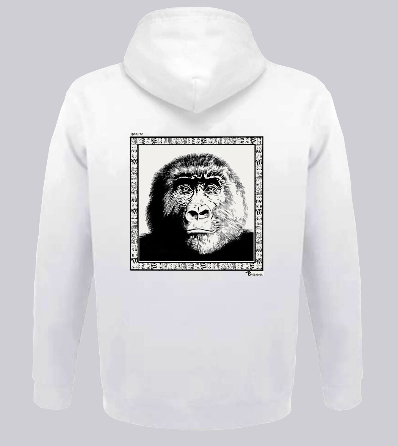 SWEAT A CAPUCHE  FAUNE GORILLE, COULEUR: BLANC, FOND MOTIF: BLANC