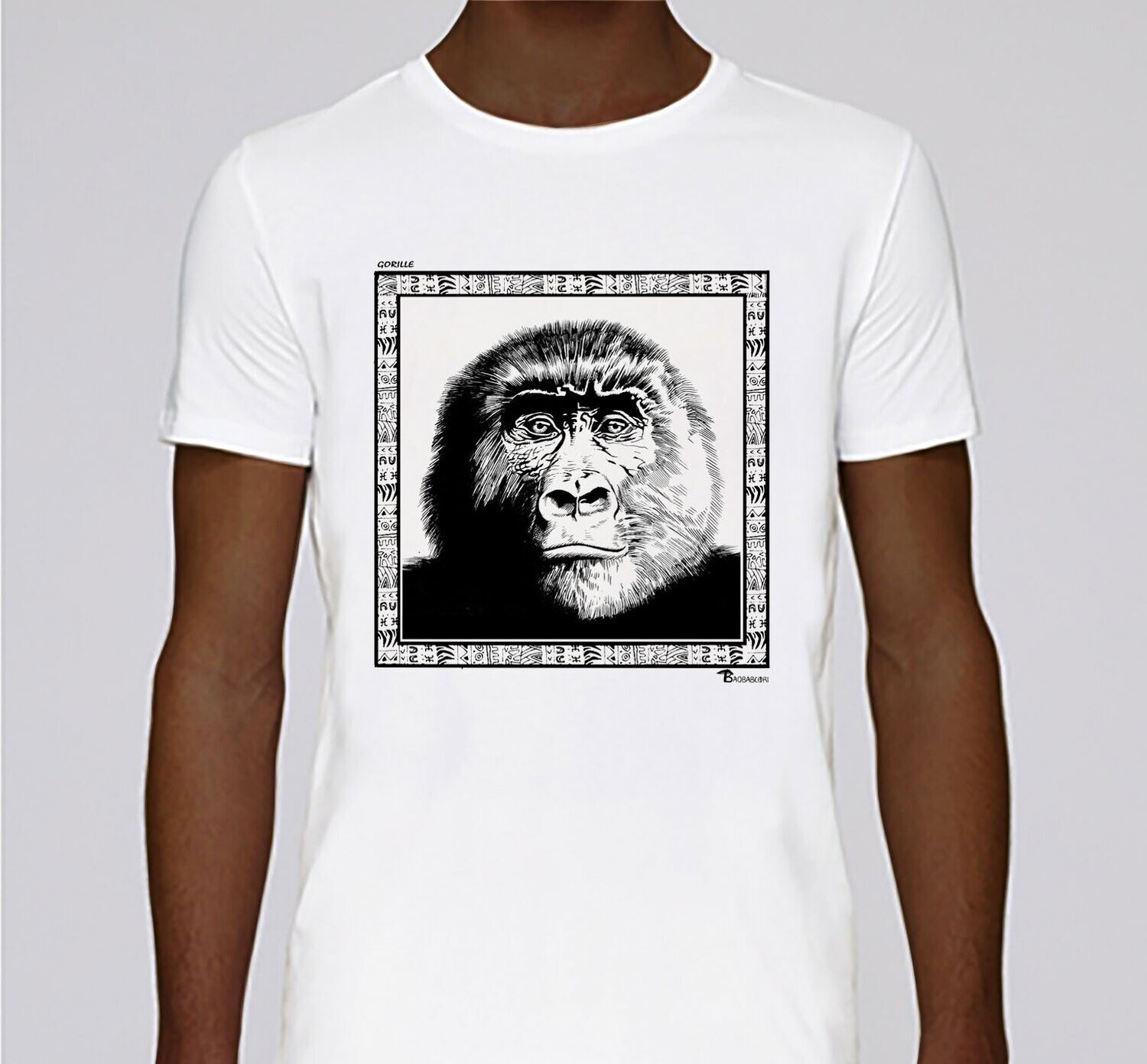 TEE SHIRT FAUNE GORILLE, COULEUR: BLANC, FOND MOTIF: BLANC