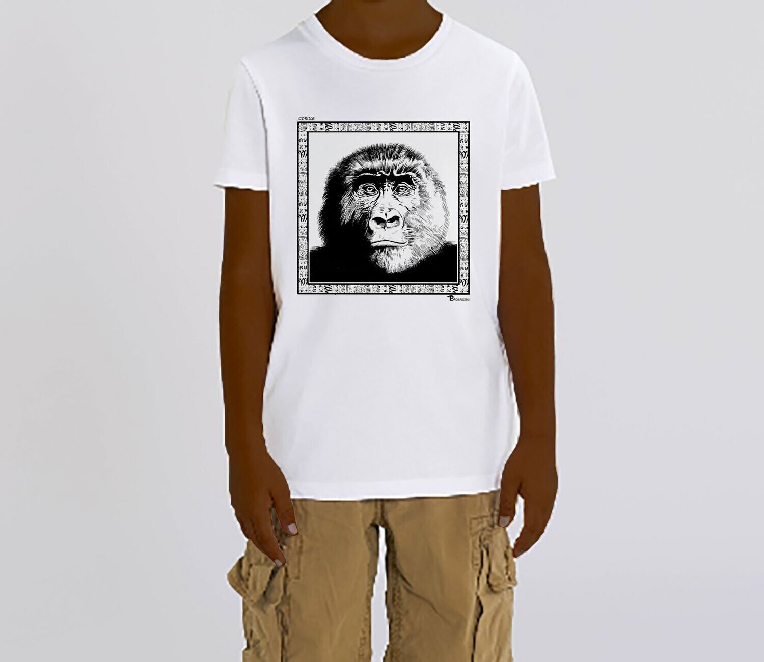 TEE SHIRT FAUNE GORILLE, COULEUR: BLANC, FOND MOTIF: BLANC