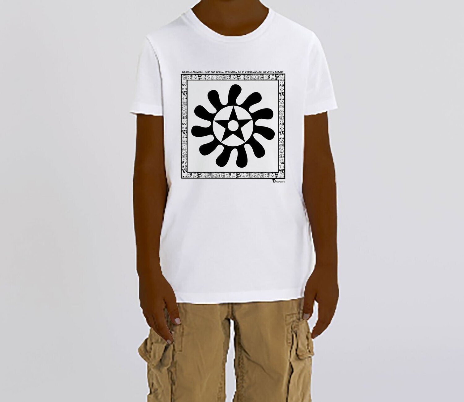 TEE SHIRT SYMBOLE ADINKRA "SESA WO SUBAN" EVOLUTION DE LA PERSONNALITE - NOUVEAU DEPART, COULEUR: BLANC, FOND MOTIF: BLANC