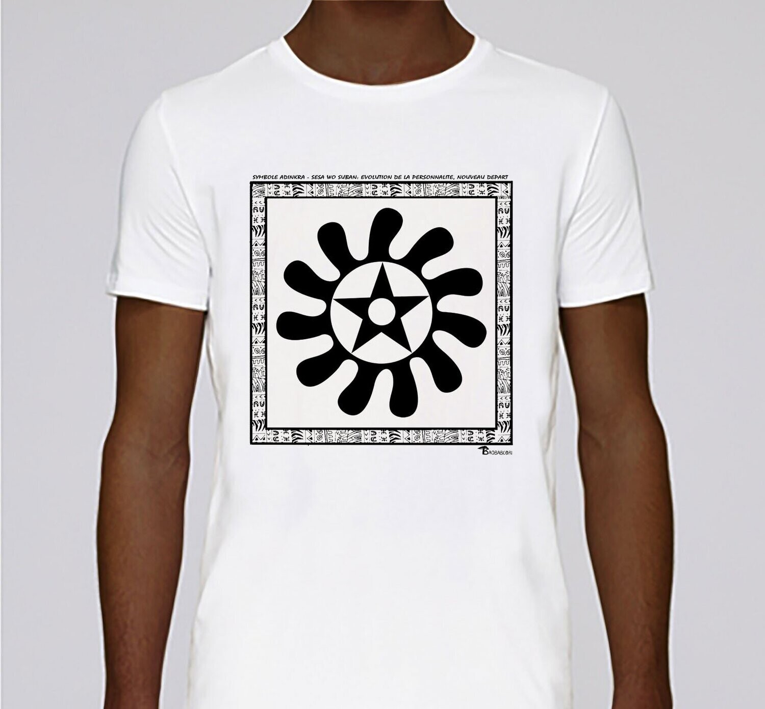 TEE SHIRT SYMBOLE  ADINKRA "SESA WO SUBAN" - EVOLUTION DE LA PERSONNALITE - NOUVEAU DEPART, COULEUR: BLANC, FOND MOTIF: BLANC