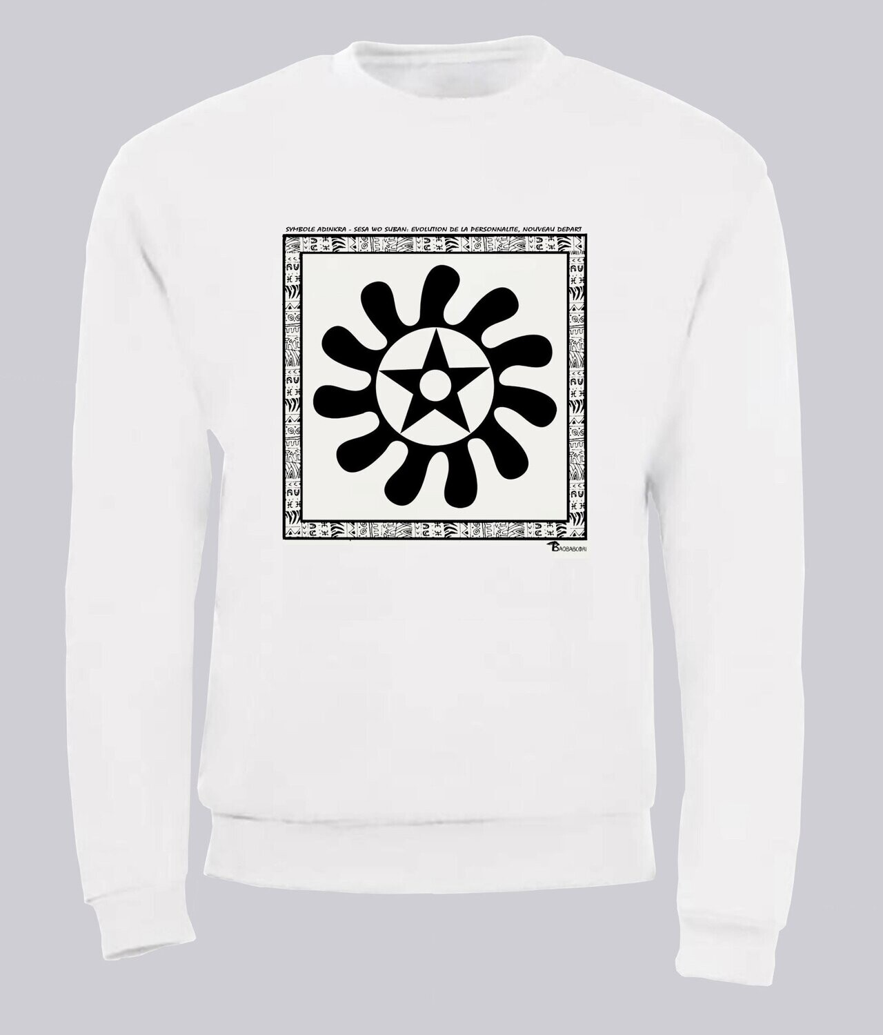 SWEAT SYMBOLE ADINKRA "SESA WO SUBAN" - EVOLUTION DE LA PERSONNALITE - NOUVEAU DEPART, COULEUR: BLANC, FOND MOTIF: BLANC