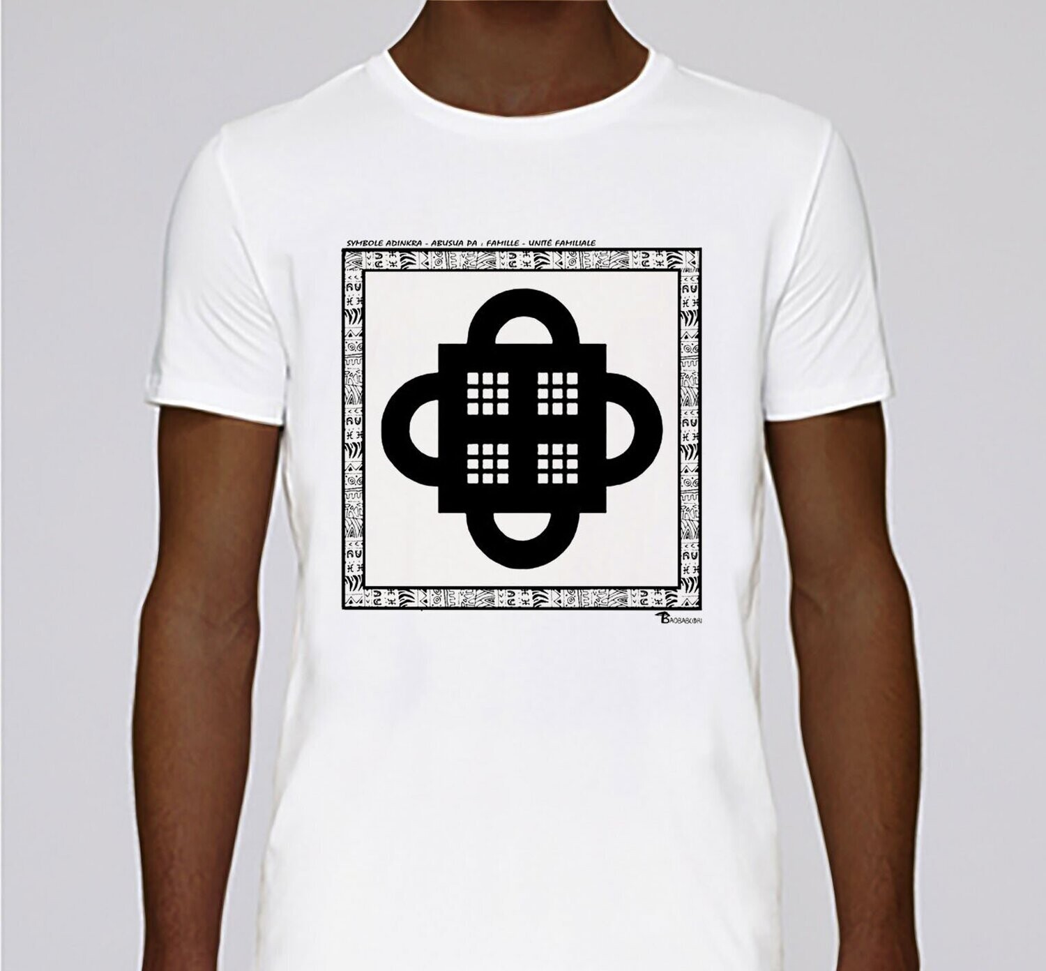 TEE SHIRT SYMBOLE ADINKRA "ABUSUA PA" - FAMILLE - UNITE FAMILIALE, COULEUR: BLANC, FOND MOTIF: BLANC