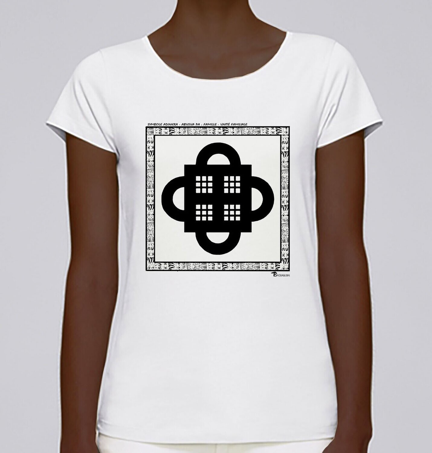 TEE SHIRT SYMBOLE ADINKRA "ABUSUA PA" - FAMILLE - UNITE FAMILIALE, COULEUR: BLANC, FOND MOTIF: BLANC