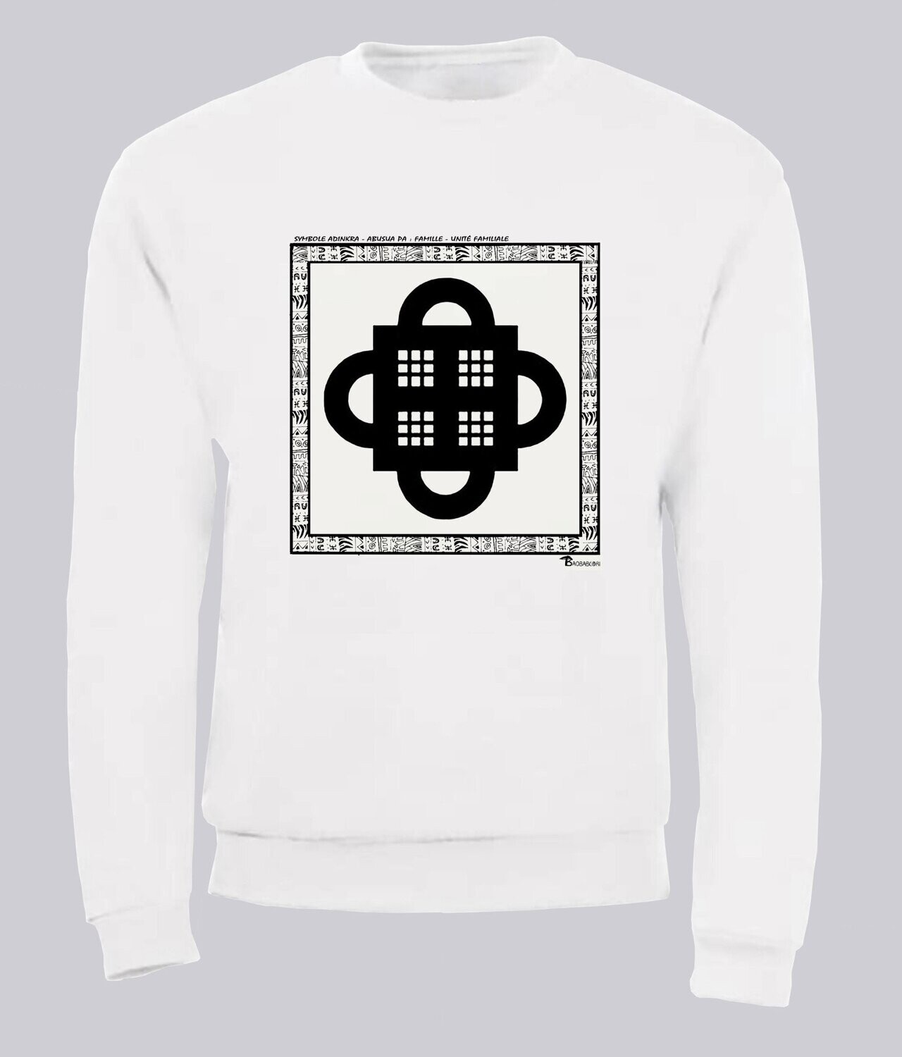SWEAT SYMBOLE ADINKRA "ABUSUA PA" - FAMILLE - UNITE FAMILIALET, COULEUR: BLANC, FOND MOTIF: BLANC