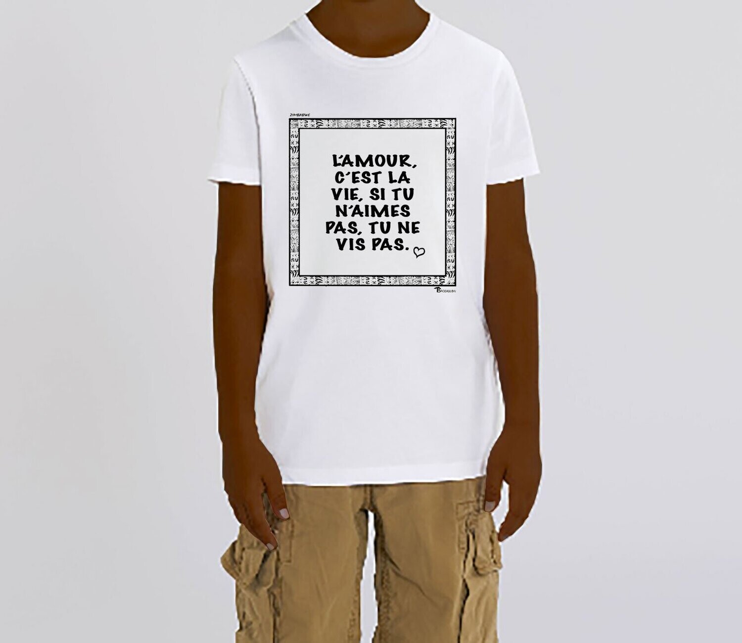 TEE SHIRT PROVERBE ET CITATION ZIMBABWE AMOUR, COULEUR: BLANC, FOND MOTIF: BLANC