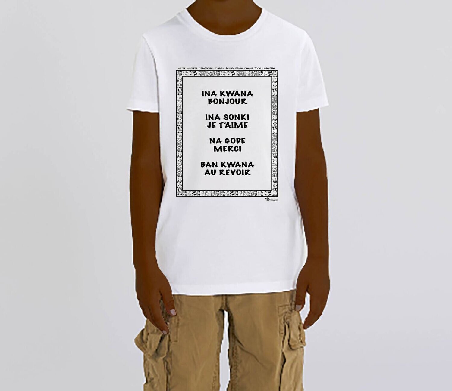 TEE SHIRT LANGUE HAOUSSA, COULEUR: BLANC, FOND MOTIF: BLANC