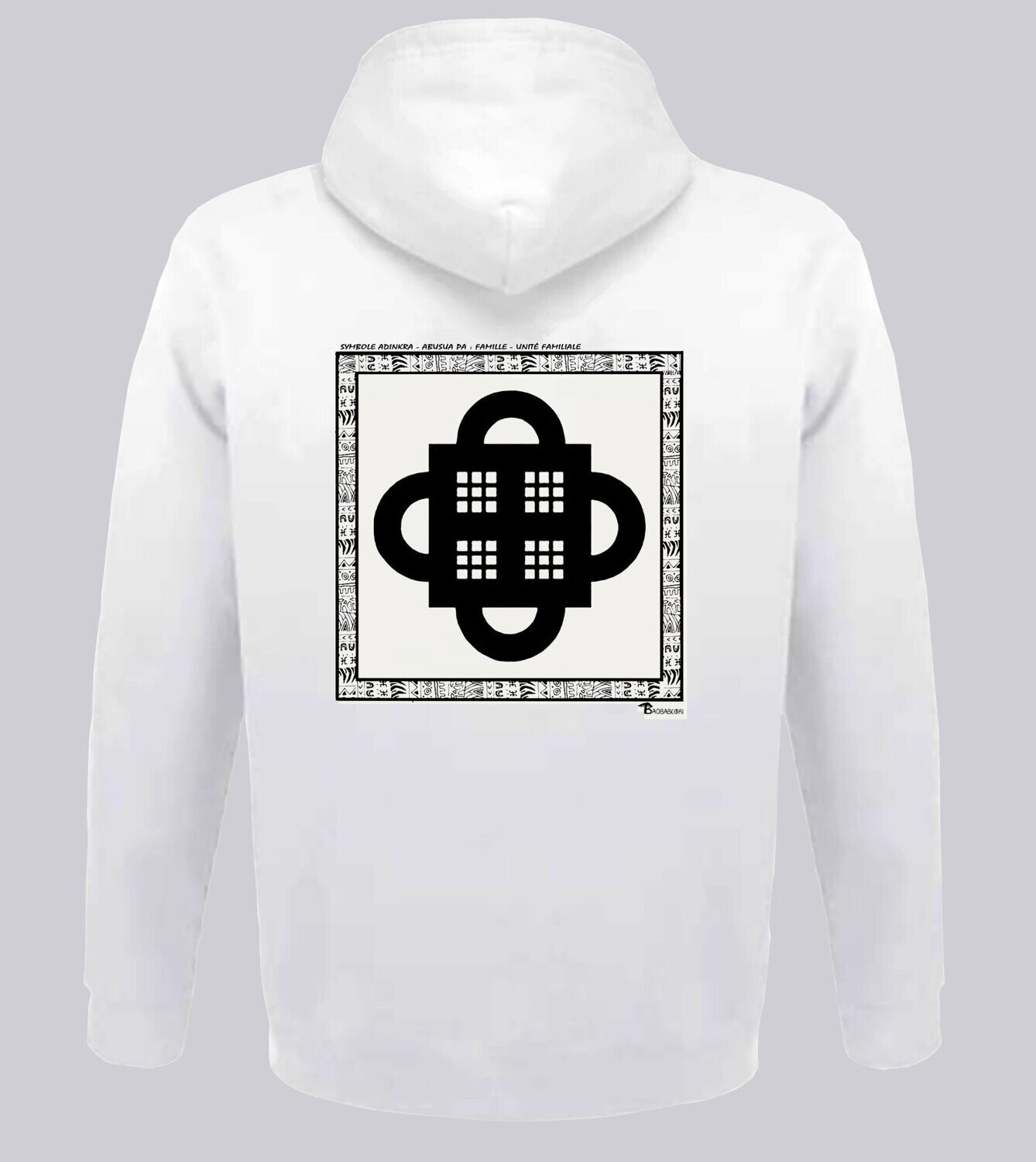SWEAT A CAPUCHE SYMBOLE ADINKRA "ABUSUA PA" - FAMILLE - UNITE FAMILIALE, COULEUR: BLANC, FOND MOTIF: BLANC