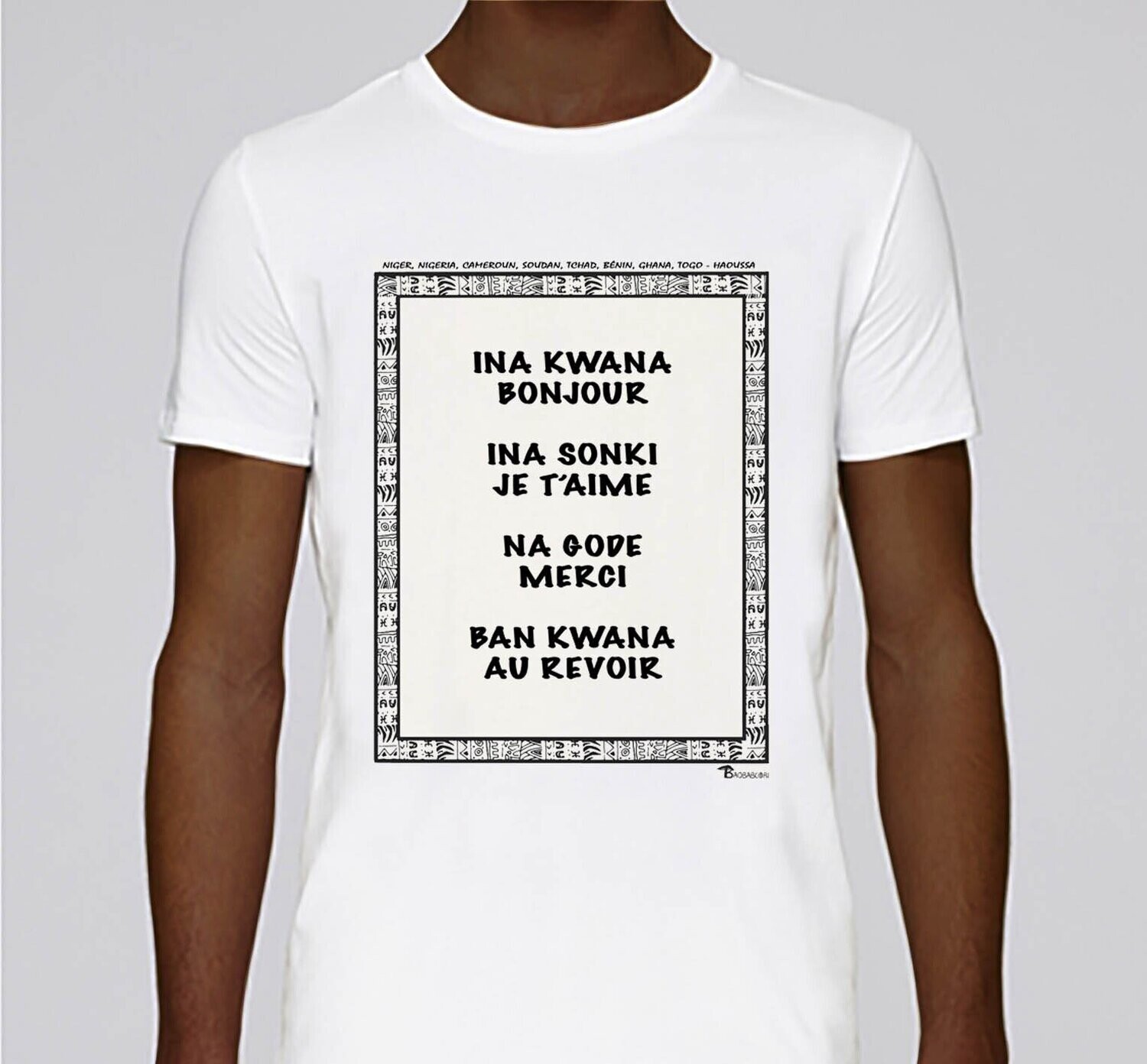 TEE SHIRT SYMBOLE LANGUE HAOUSSA, COULEUR: BLANC, FOND MOTIF: BLANC
