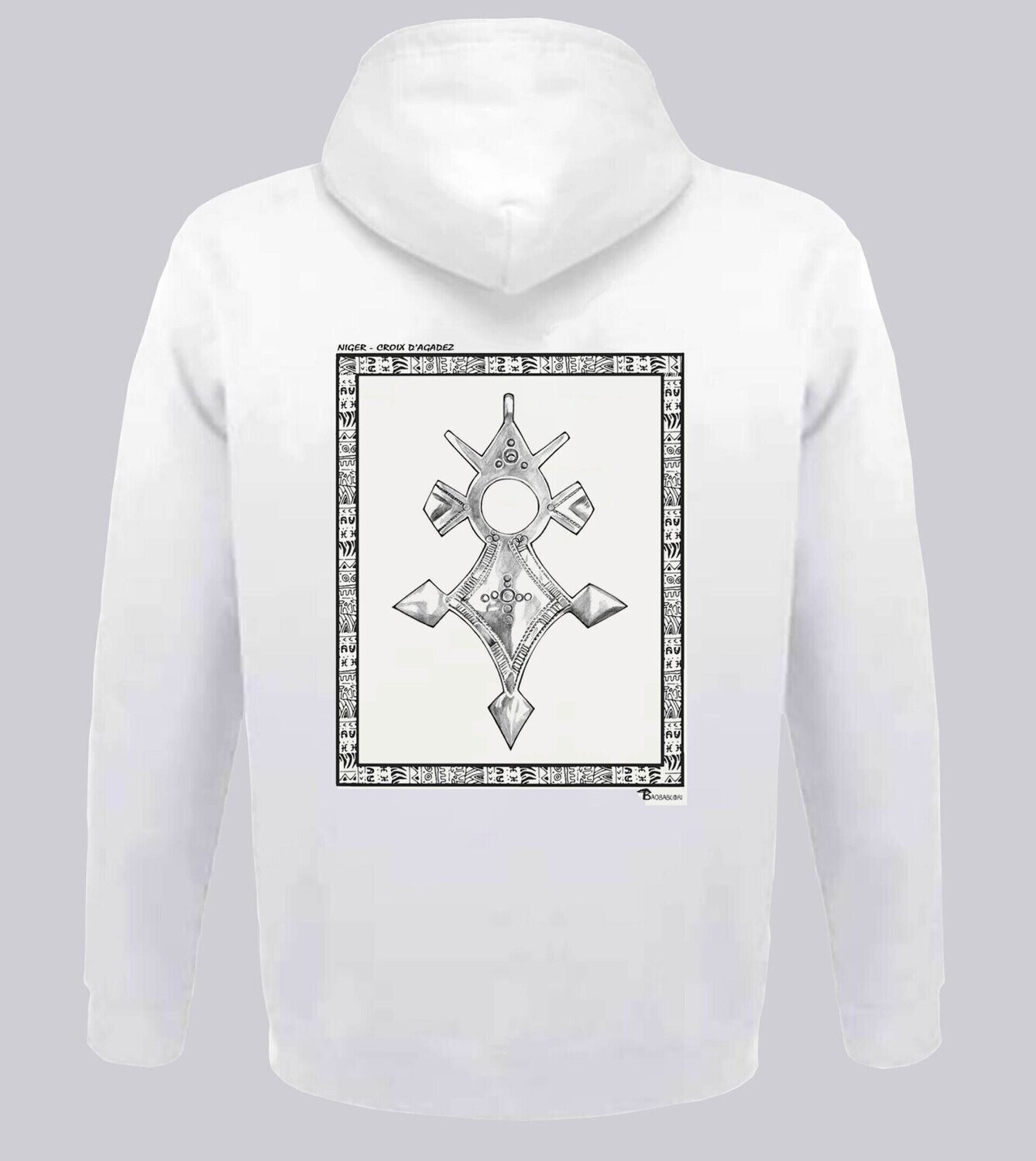 SWEAT A CAPUCHE FASHION BIJOUX CROIX D'AGADEZ NIGER, COULEUR: BLANC, FOND MOTIF: BLANC