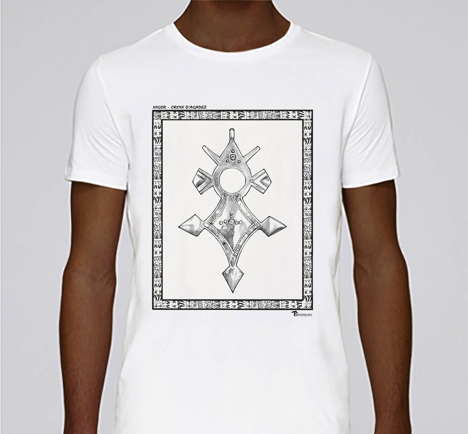 TEE SHIRT FASHION BIJOUX CROIX D'AGADEZ NIGER, COULEUR: BLANC, FOND MOTIF: BLANC