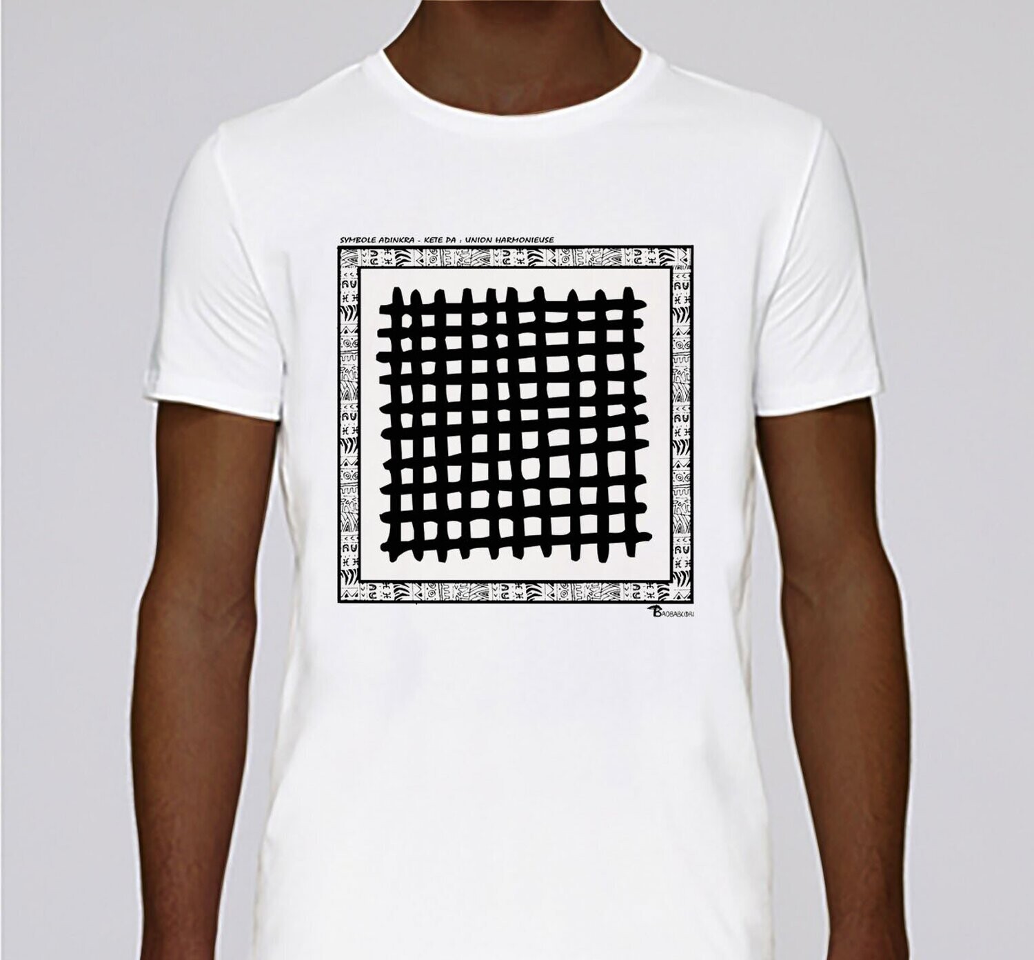 TEE SHIRT SYMBOLE ADINKRA "KETE PA" - UNION HARMONIEUSE, COULEUR: BLANC, FOND MOTIF: BLANC
