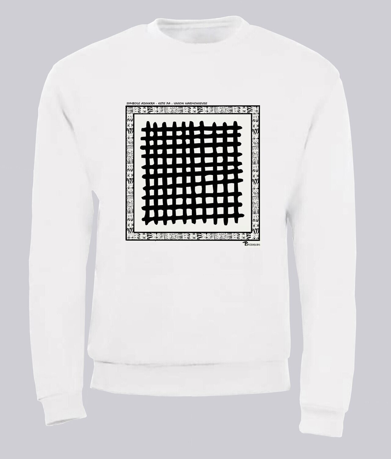 SWEAT SYMBOLE ADINKRA "KETE PA" - UNION HARMONIEUSE, COULEUR: BLANC, FOND MOTIF: BLANC