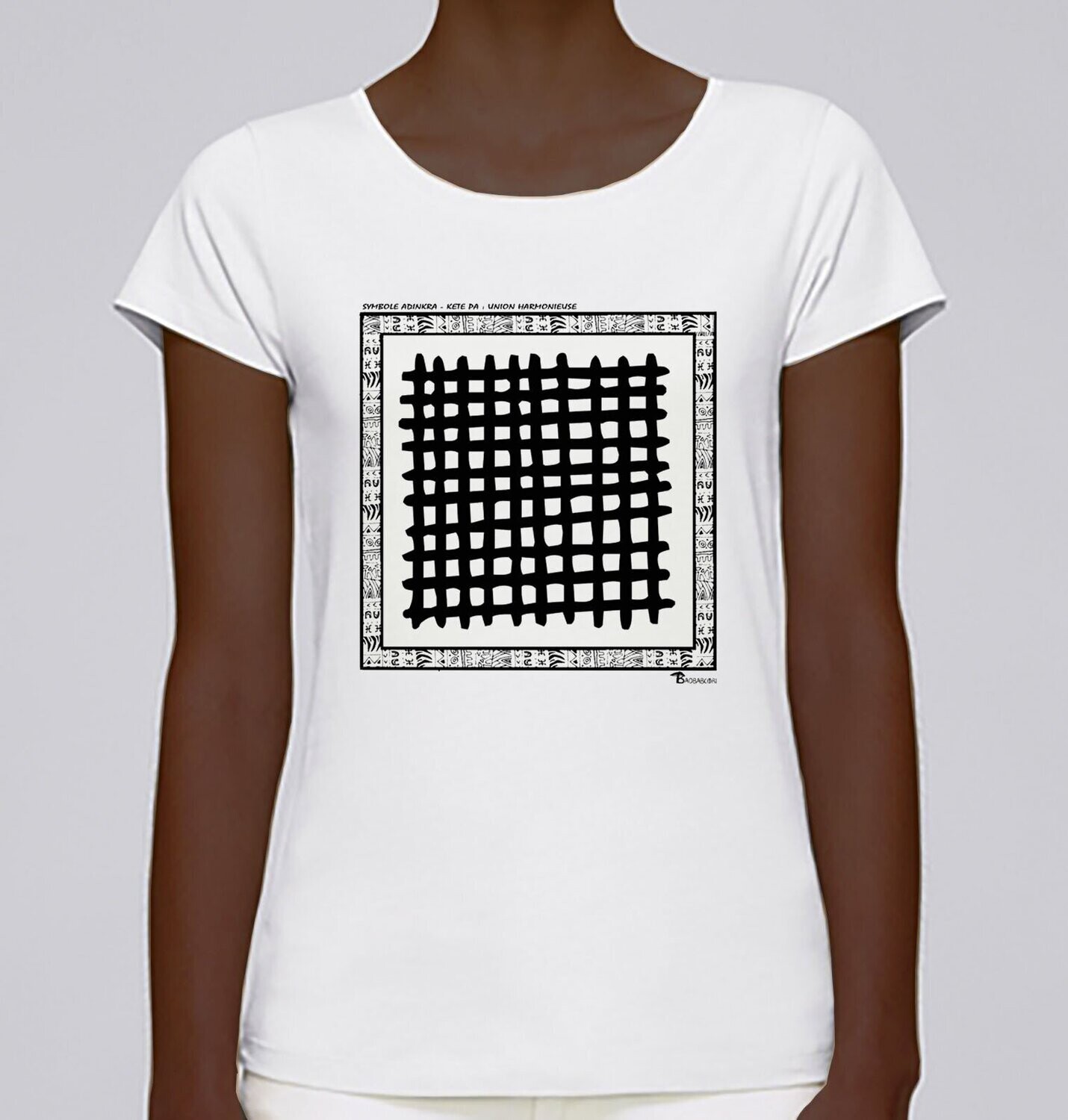 TEE SHIRT SYMBOLE ADINKRA "KETE PA" - UNION HARMONIEUSE, COULEUR: BLANC, FOND MOTIF: BLANC