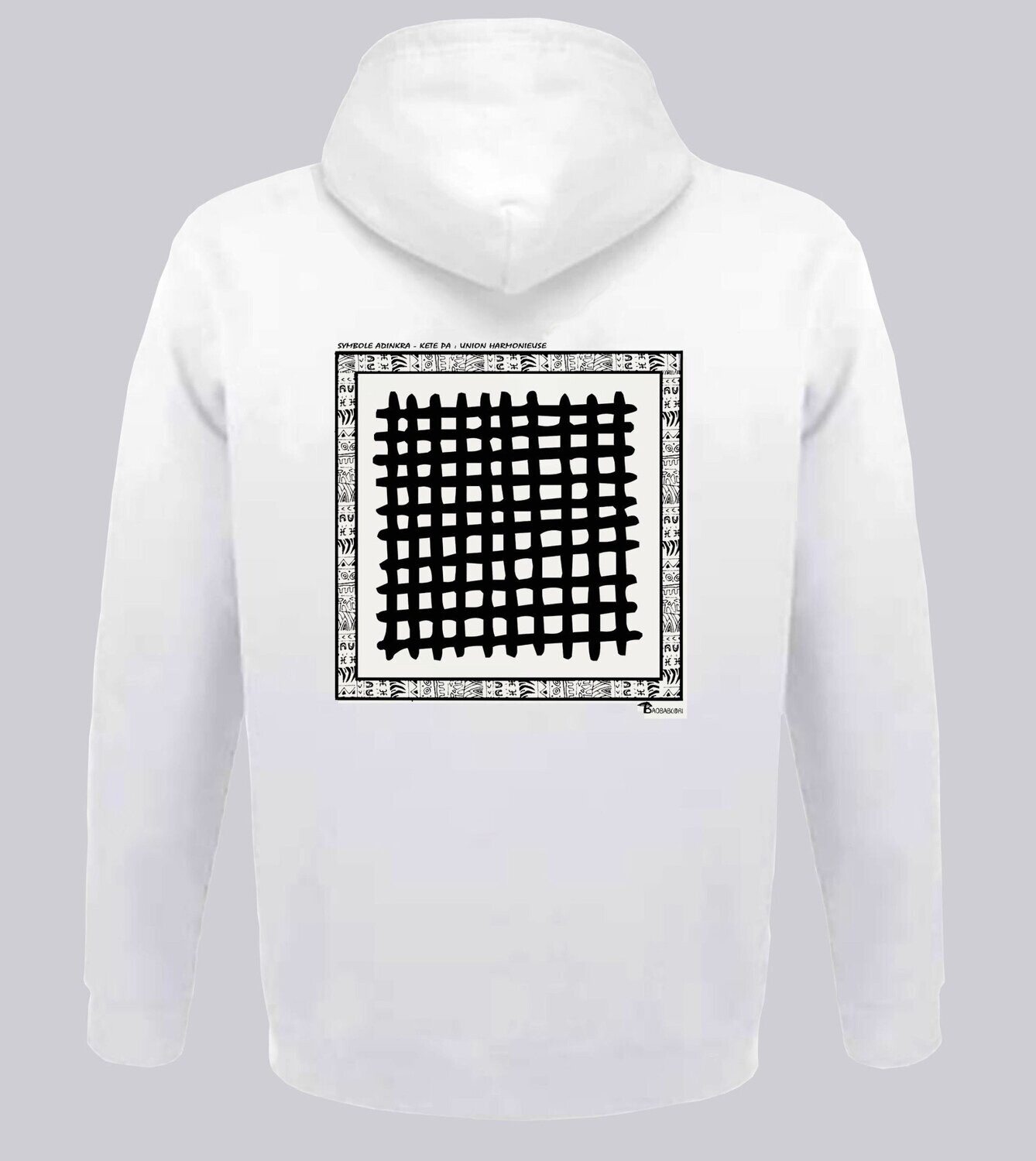 SWEAT A CAPUCHE SYMBOLE ADINKRA "KETE PA" - UNION HARMONIEUSE, COULEUR: BLANC, FOND MOTIF: BLANC