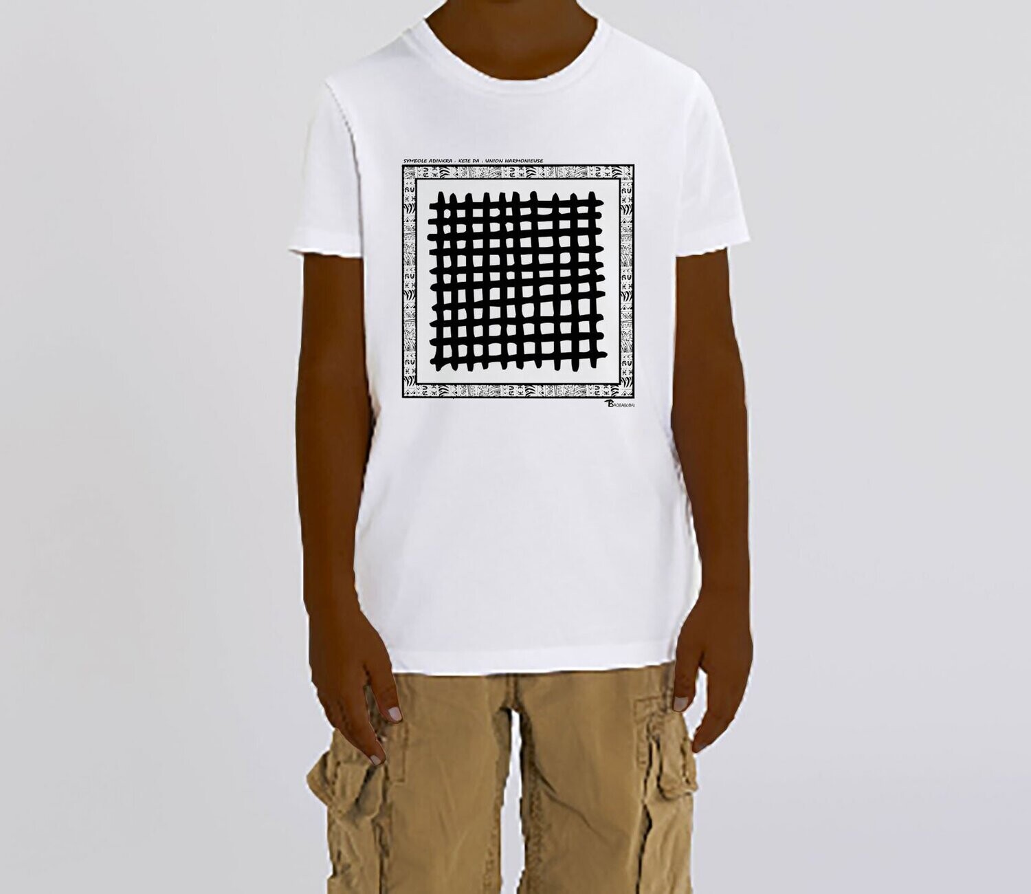 TEE SHIRT SYMBOLE ADINKRA "KETE PA" - UNION HARMONIEUSE, COULEUR: BLANC, FOND MOTIF: BLANC