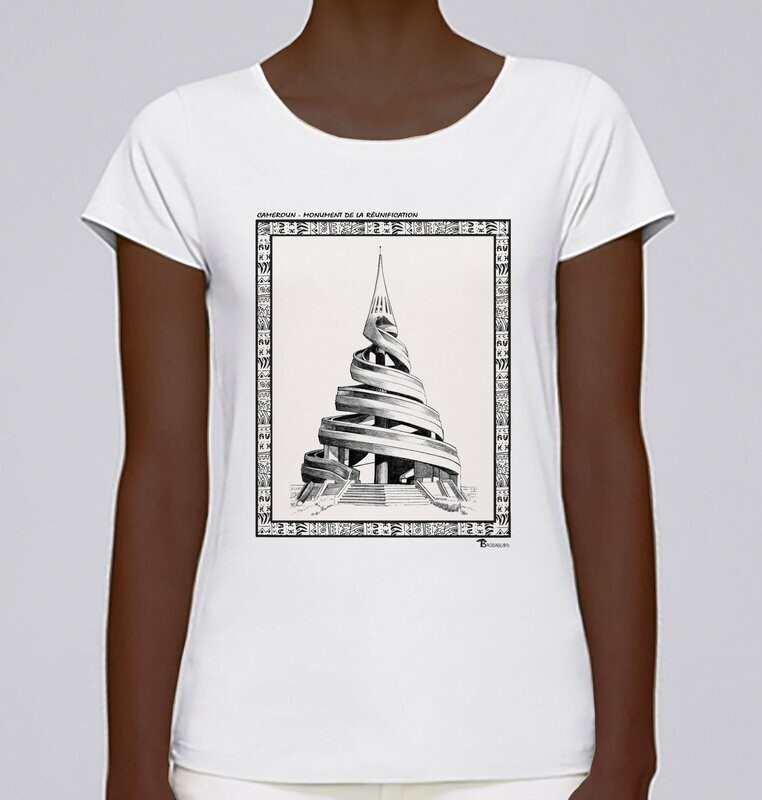 TEE SHIRT MONUMENT DE LA REUNIFICATION CAMEROUN, COULEUR: BLANC, FOND MOTIF: BLANC