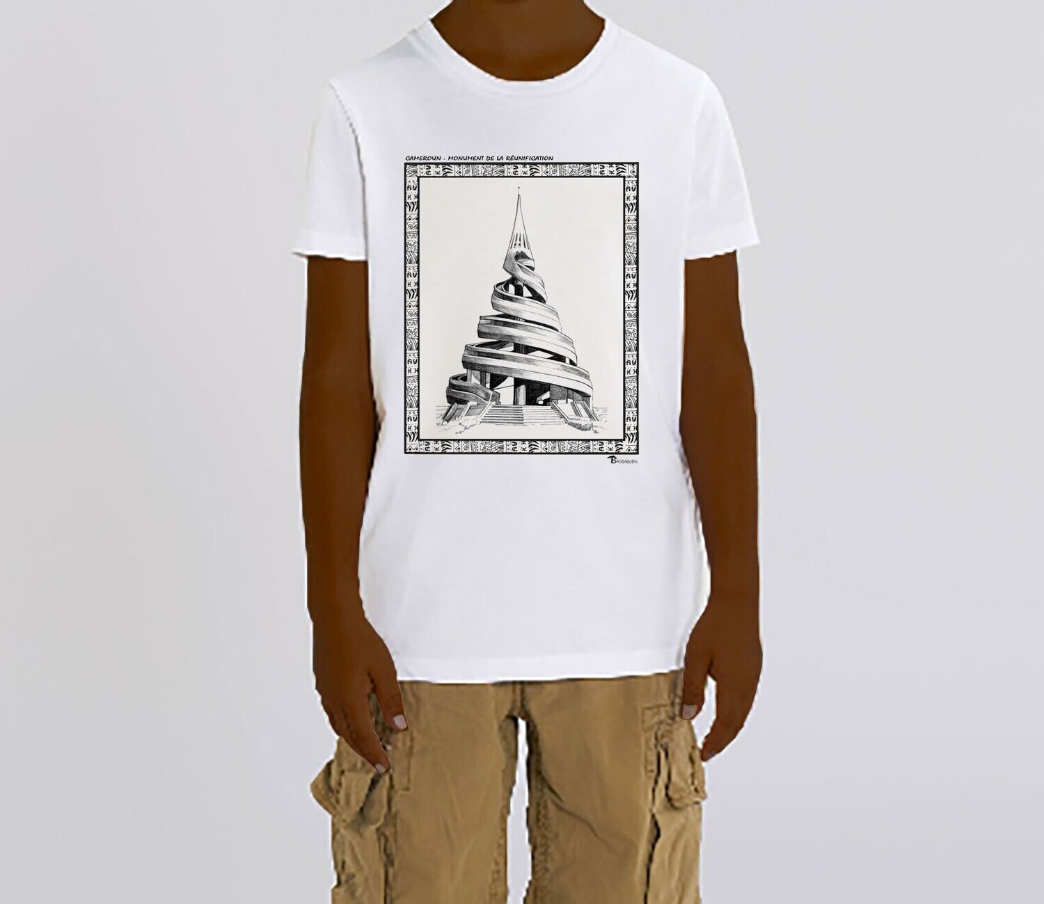 TEE SHIRT MONUMENT DE LA REUNIFICATION CAMEROUN, COULEUR: BLANC, FOND MOTIF: BLANC