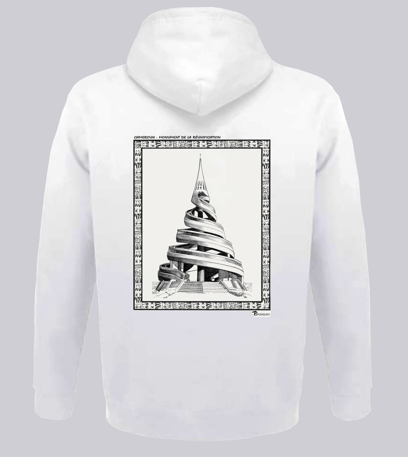 SWEAT A CAPUCHE MONUMENT DE LA REUNIFICATION CAMEROUN, COULEUR: BLANC, FOND MOTIF: BLANC