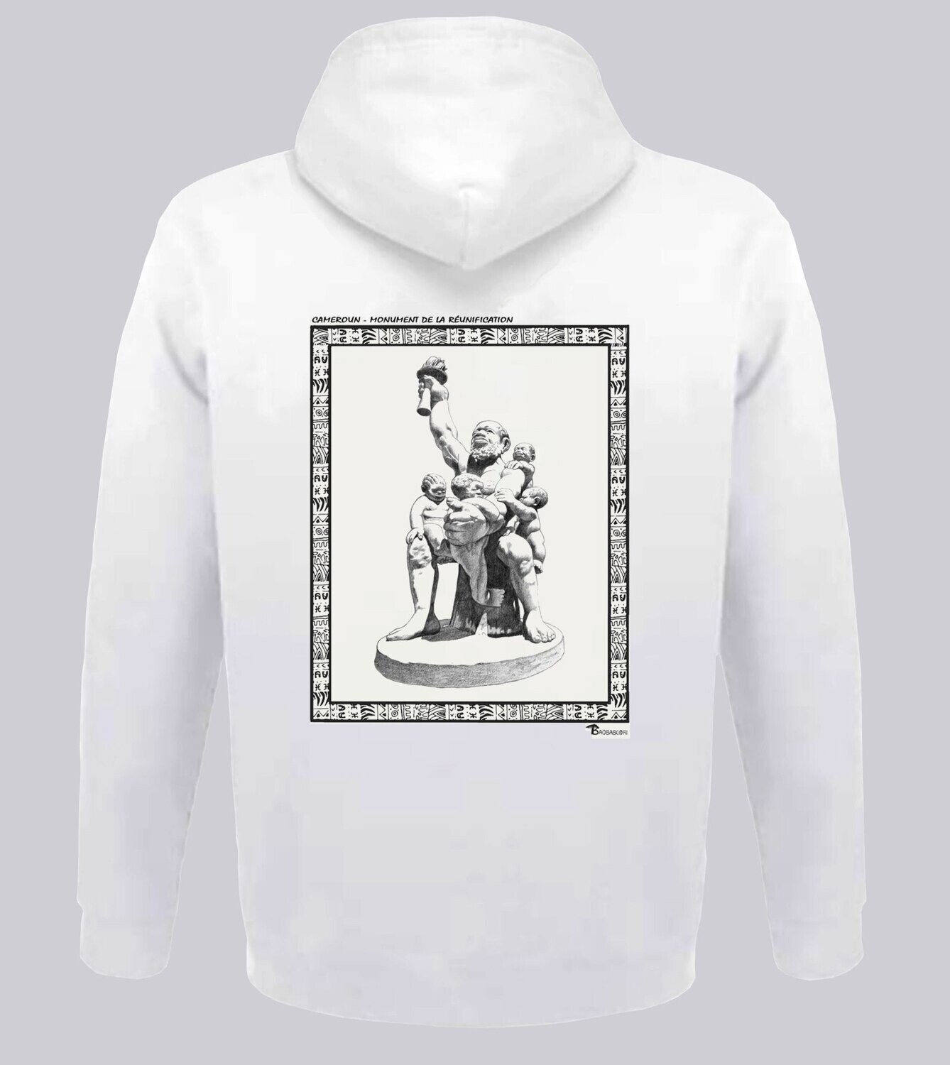 SWEAT A CAPUCHE MONUMENT DE LA REUNIFICATION 2 CAMEROUN, COULEUR: BLANC, FOND MOTIF: BLANC