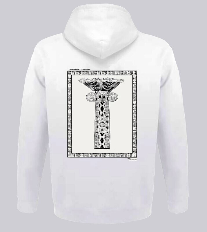 SWEAT A CAPUCHE MASQUE BAMILEKE CAMEROUN, COULEUR: BLANC, FOND MOTIF: BLANC