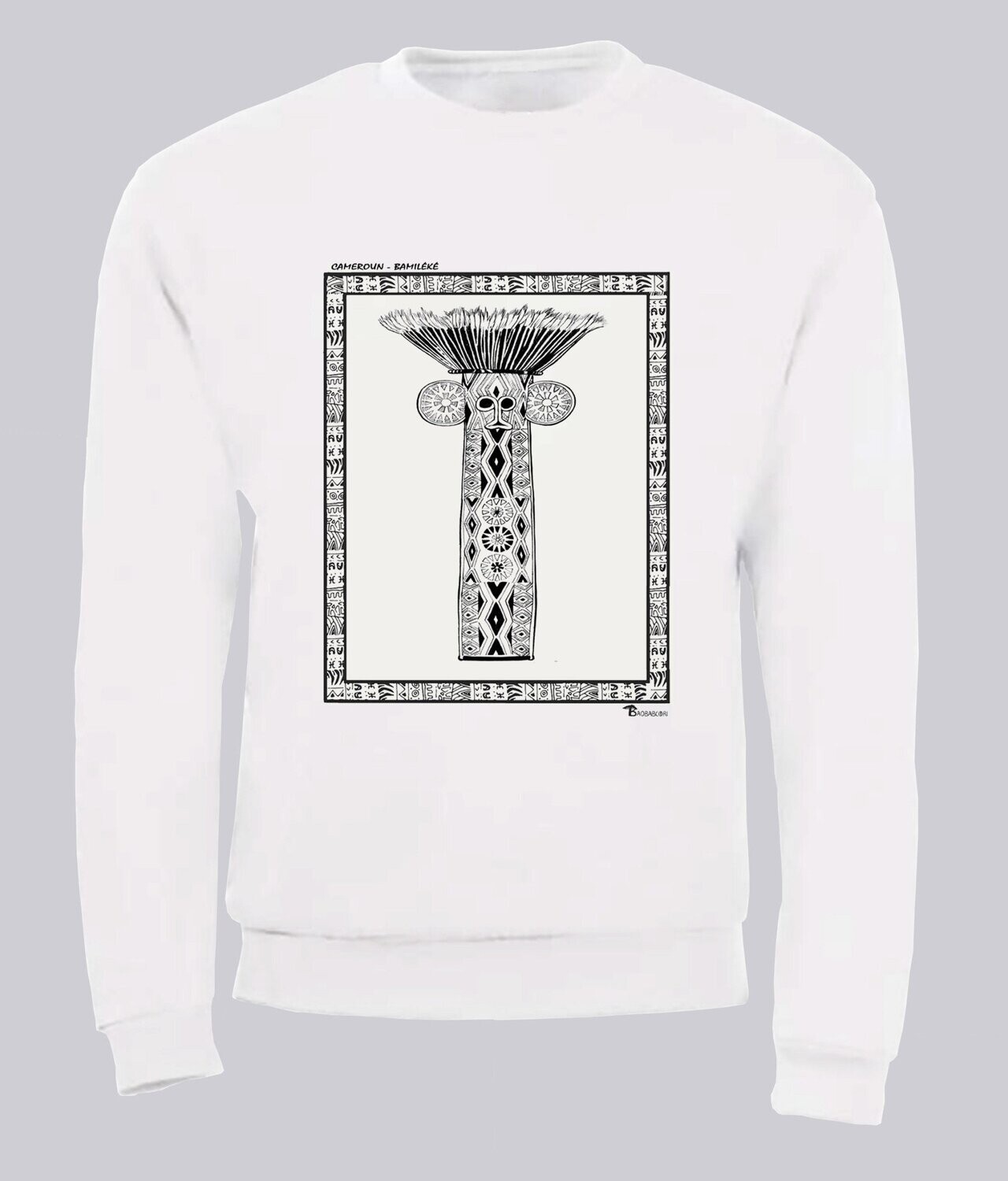 SWEAT MASQUE BAMILEKE CAMEROUN, COULEUR: BLANC, FOND MOTIF: BLANC