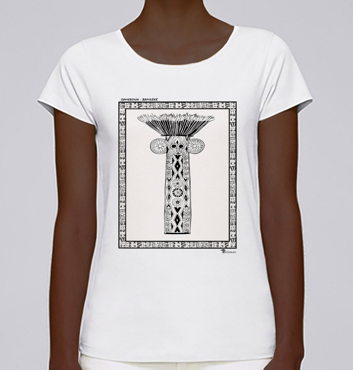 TEE SHIRT MASQUE BAMILEKE CAMEROUN, COULEUR: BLANC, FOND MOTIF: BLANC