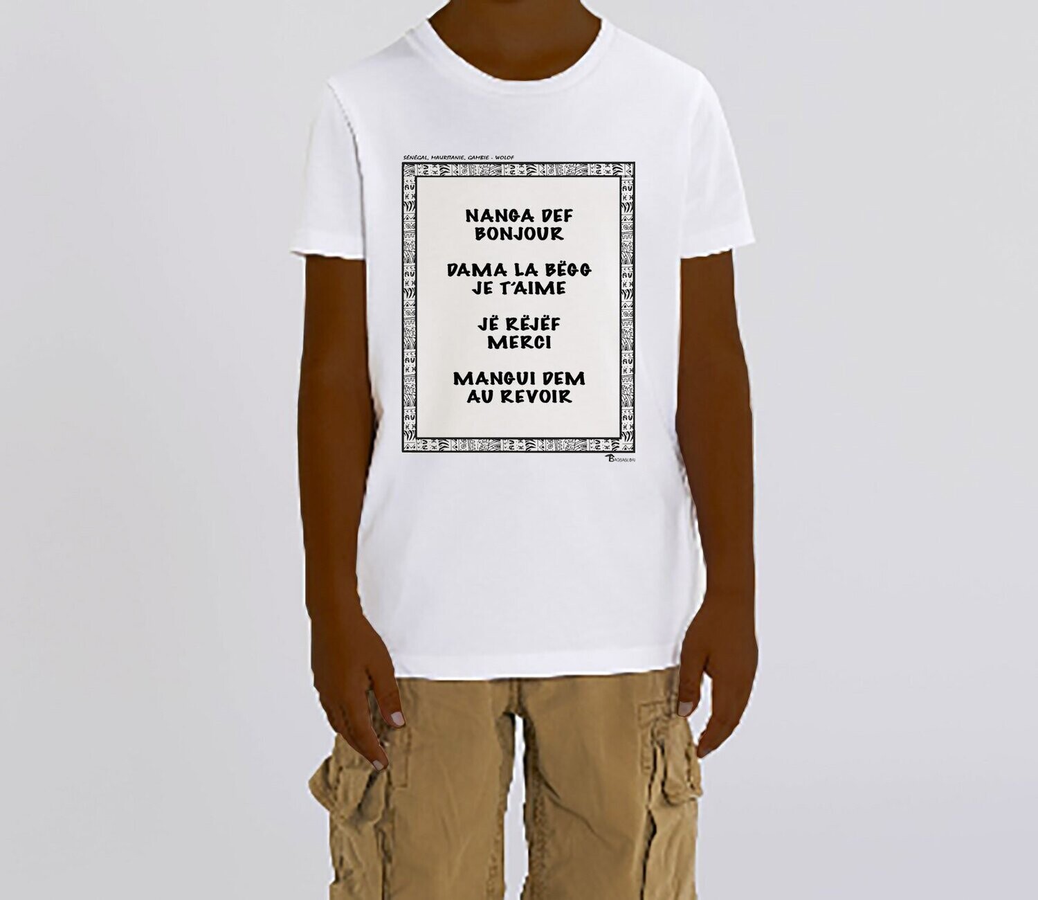 TEE SHIRT LANGUE WOLOF, COULEUR: BLANC, FOND MOTIF: BLANC