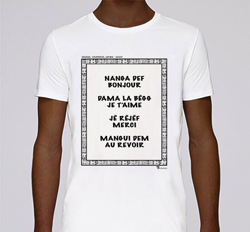 TEE SHIRT SYMBOLE LANGUE WOLOF, COULEUR: BLANC, FOND MOTIF: BLANC