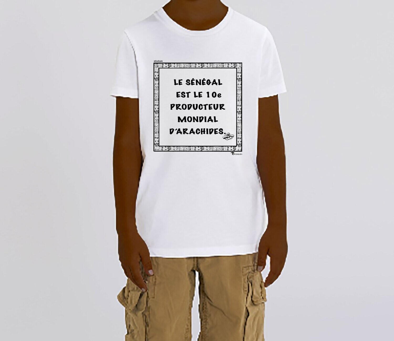 TEE SHIRT ÉCONOMIE SÉNÉGAL ARACHIDE, COULEUR: BLANC, FOND MOTIF: BLANC