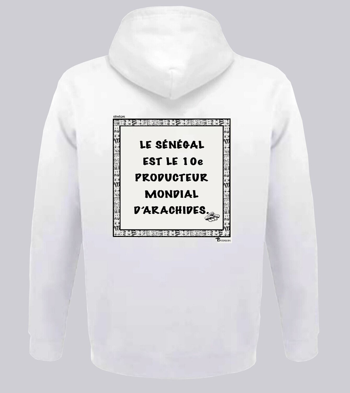SWEAT A CAPUCHE ÉCONOMIE SÉNÉGAL ARACHIDE, COULEUR: BLANC, FOND MOTIF: BLANC