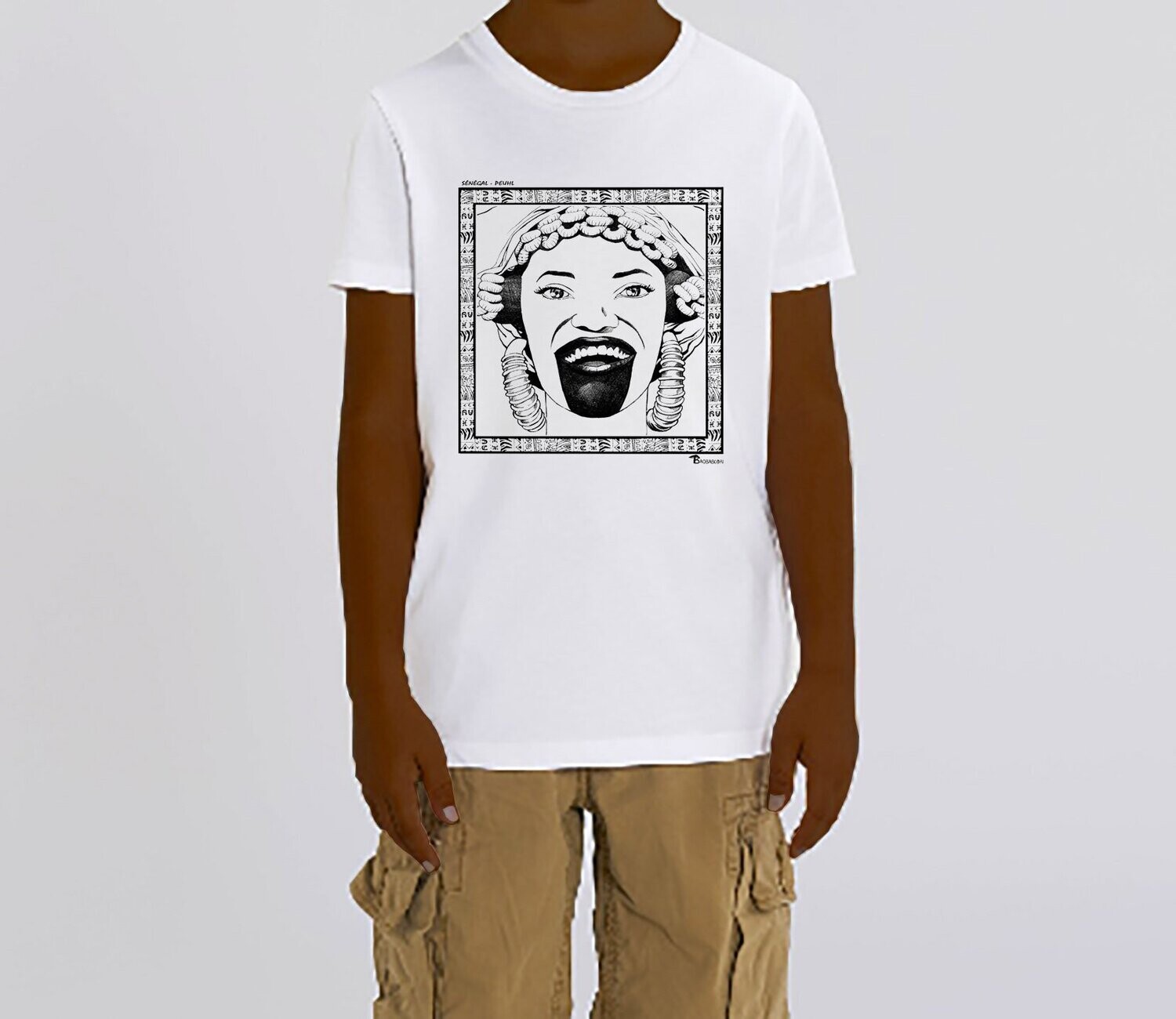 TEE SHIRT FASHION MAQUILLAGE PEUHL SENEGAL, COULEUR: BLANC, FOND MOTIF: BLANC