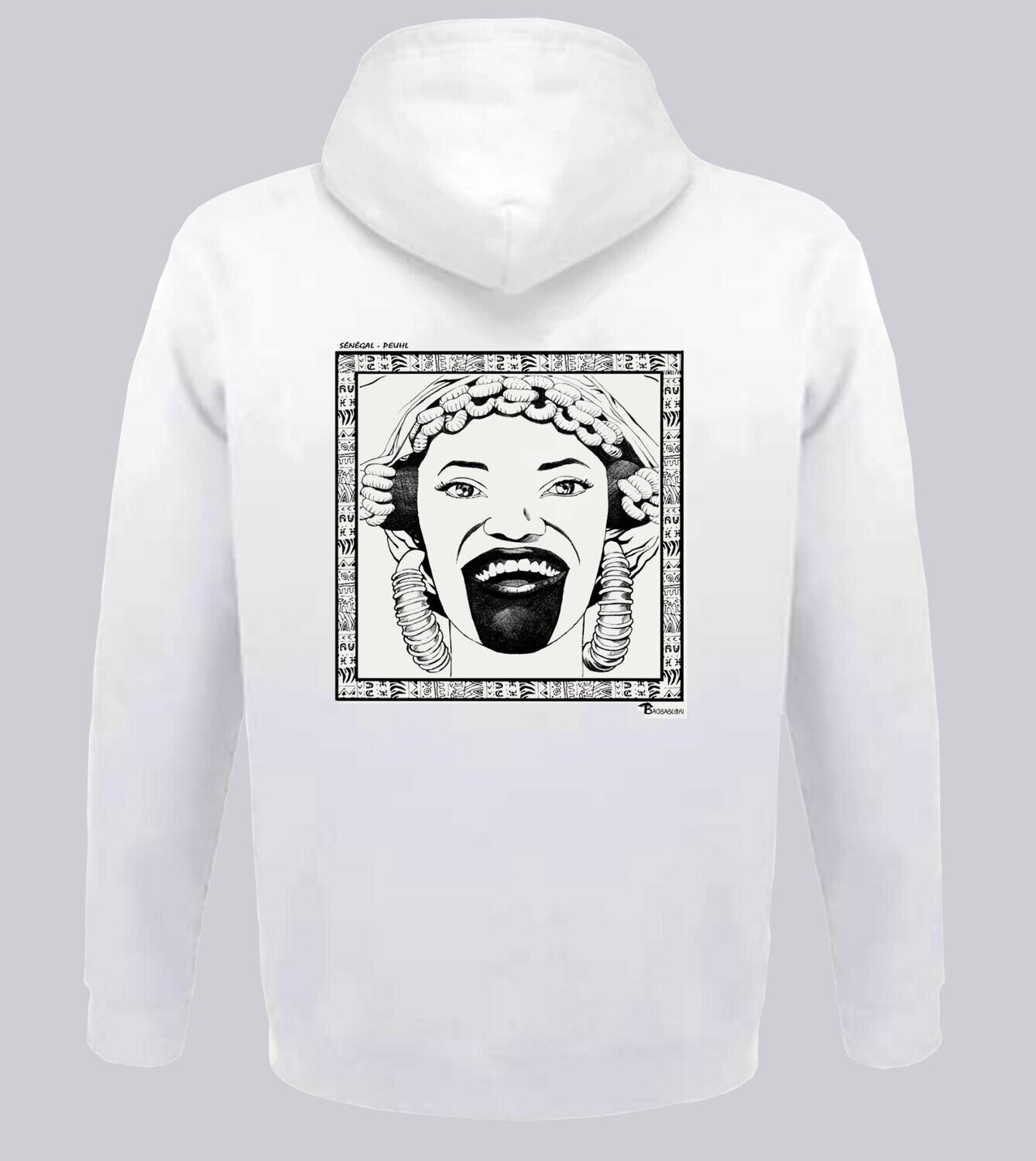 SWEAT A CAPUCHE FASHION MAQUILLAGE PEUHL SENEGAL, COULEUR: BLANC, FOND MOTIF: BLANC