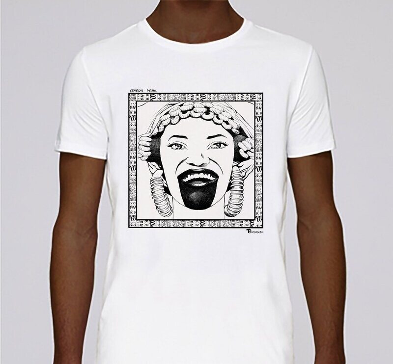 TEE SHIRT FASHION MAQUILLAGE PEUHL SENEGAL, COULEUR: BLANC, FOND MOTIF: BLANC