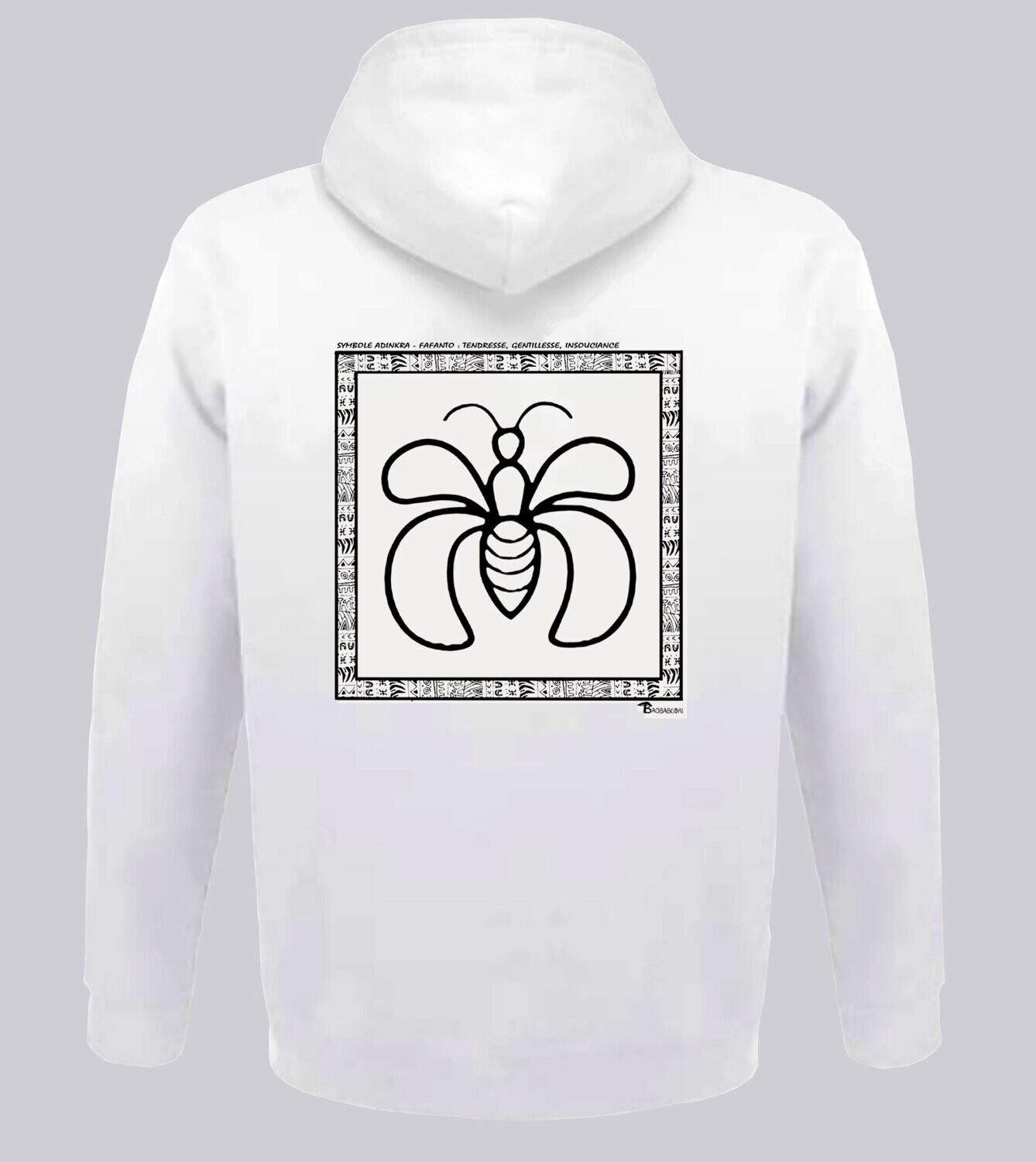 SWEAT A CAPUCHE SYMBOLE ADINKRA "FAFANTO" TENDRESSE GENTILLESSE INSOUCIANCE, COULEUR: BLANC, FOND MOTIF: BLANC
