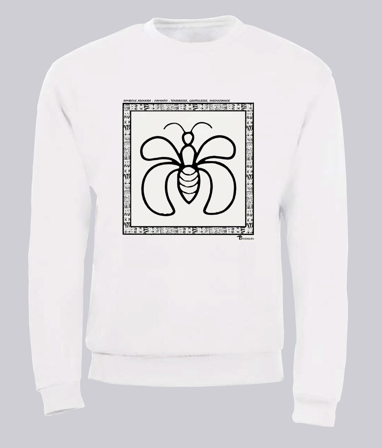 SWEAT SYMBOLE ADINKRA "FAFANTO" TENDRESSE GENTILLESSE INSOUCIANCE, COULEUR: BLANC, FOND MOTIF: BLANC