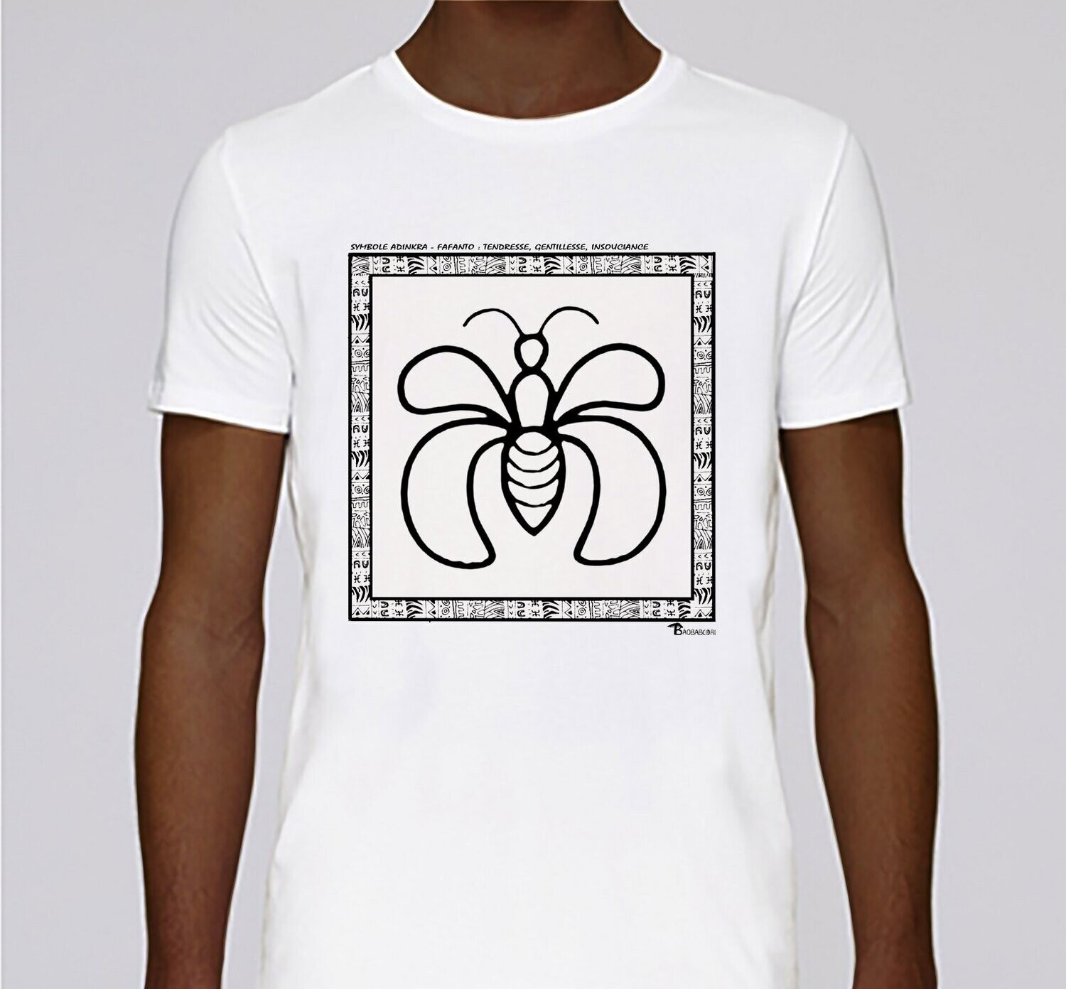 TEE SHIRT SYMBOLE ADINKRA "FAFANTO" TENDRESSE GENTILLESSE INSOUCIANCE, COULEUR: BLANC, FOND MOTIF: BLANC