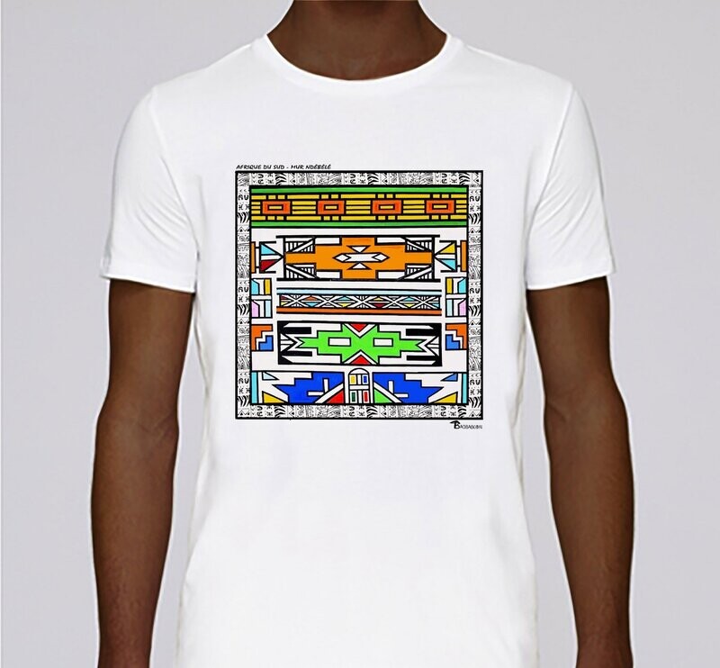 TEE SHIRT ARCHITECTURE NDEBELE AFRIQUE DU SUD, COULEUR: BLANC