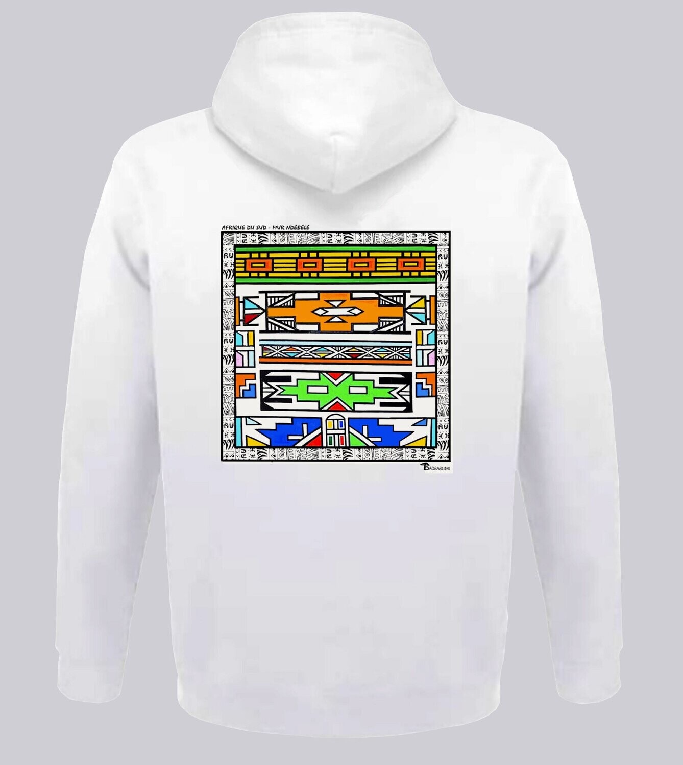 SWEAT A CAPUCHE ARCHITECTURE NDEBELE AFRIQUE DU SUD, COULEUR: BLANC