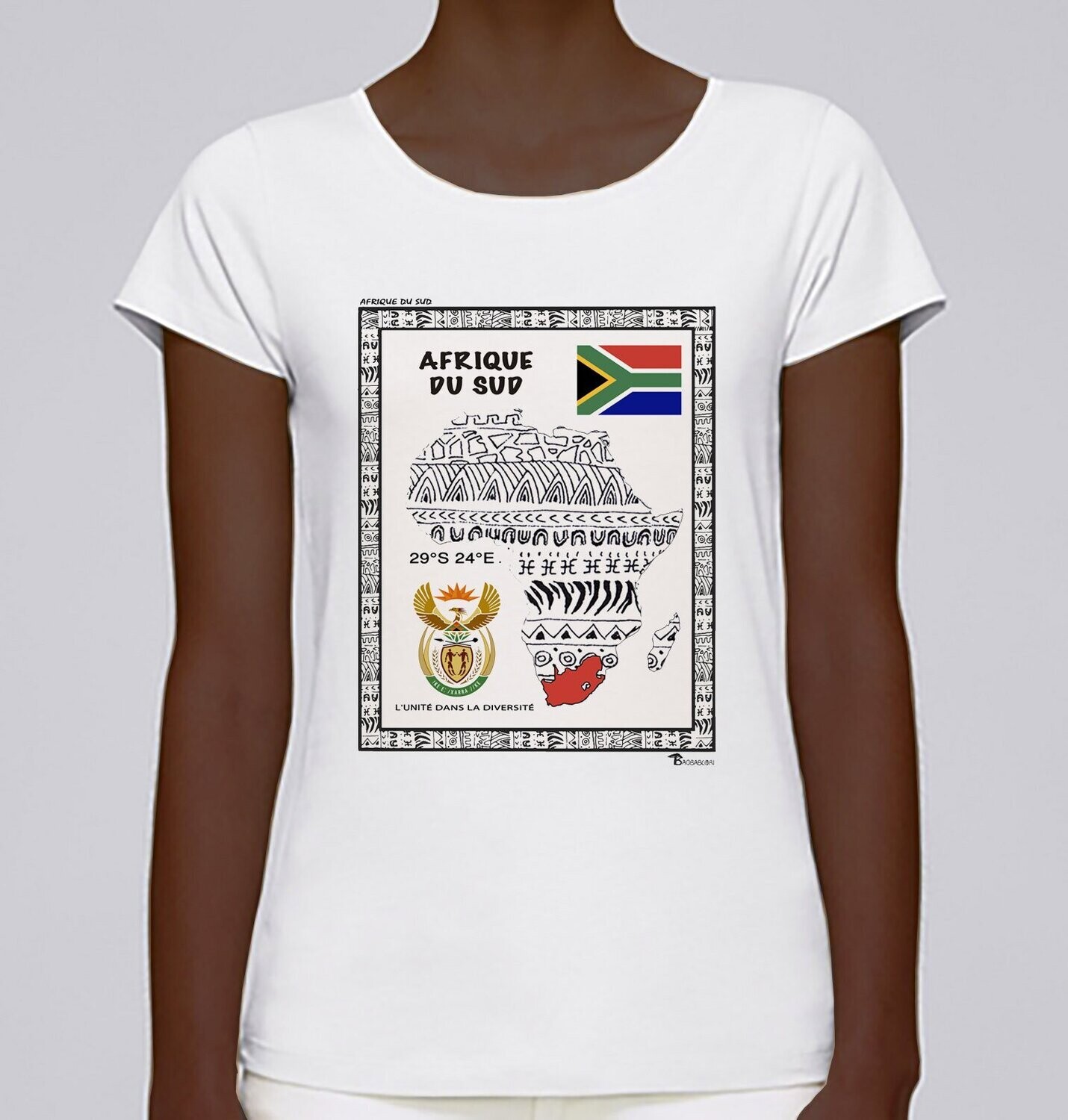 TEE SHIRT PAYS AFRIQUE DU SUD, COULEUR: BLANC, FOND MOTIF: BLANC