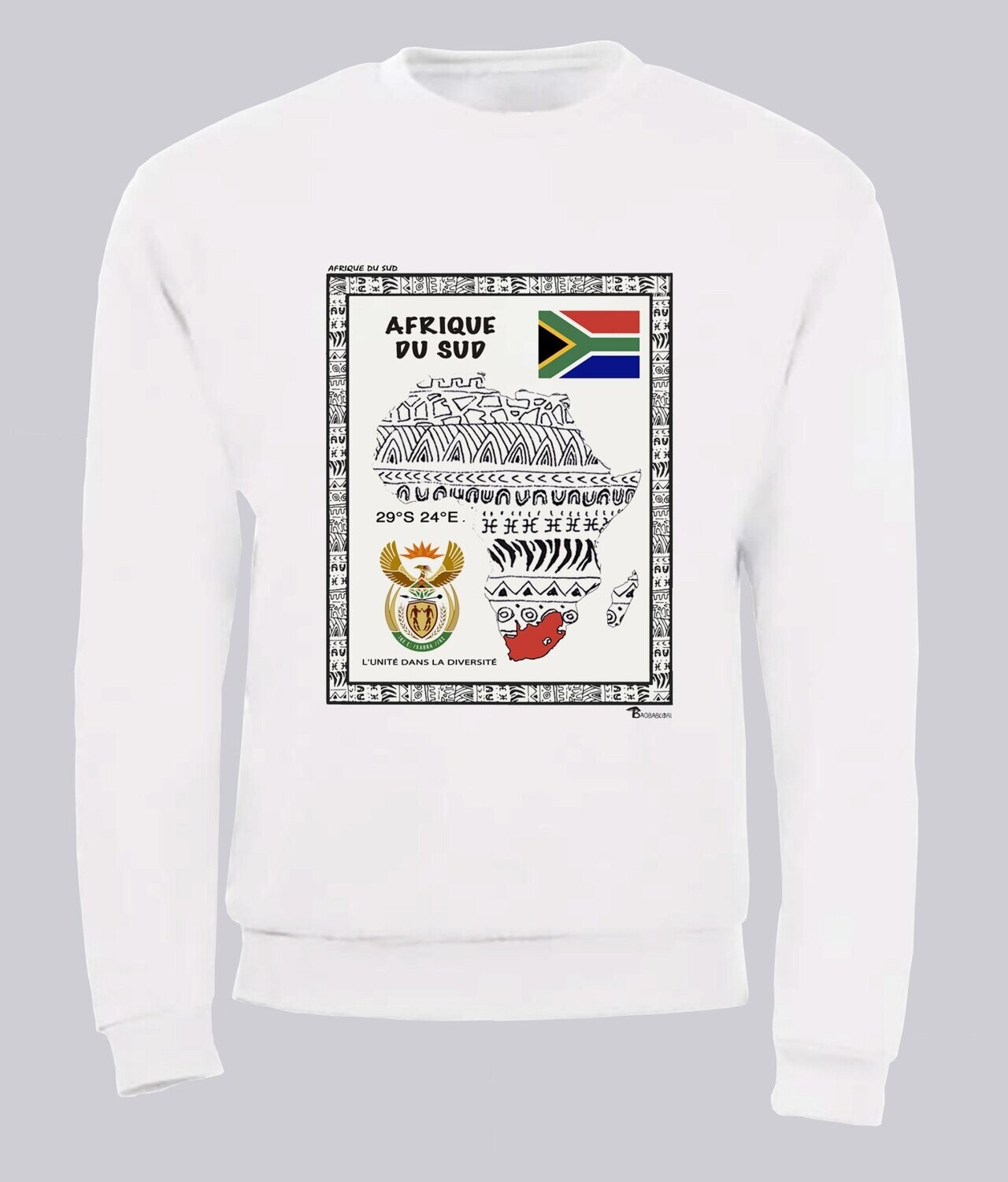 SWEAT PAYS AFRIQUE DU SUD, COULEUR: BLANC, FOND MOTIF: BLANC