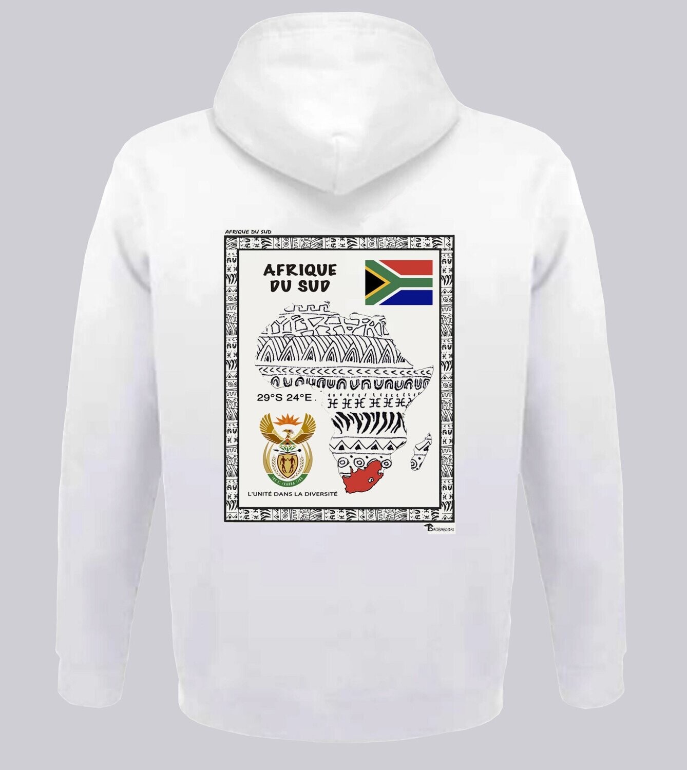 SWEAT A CAPUCHE PAYS AFRIQUE DU SUD, COULEUR: BLANC, FOND MOTIF: BLANC