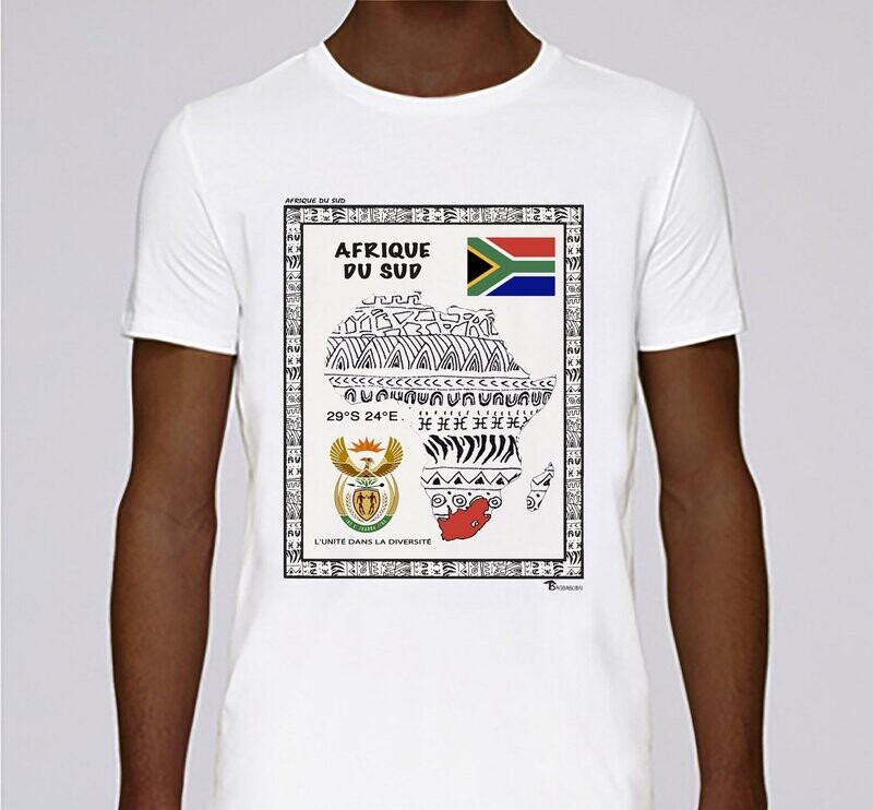 TEE SHIRT PAYS AFRIQUE DU SUD, COULEUR: BLANC, FOND MOTIF: BLANC