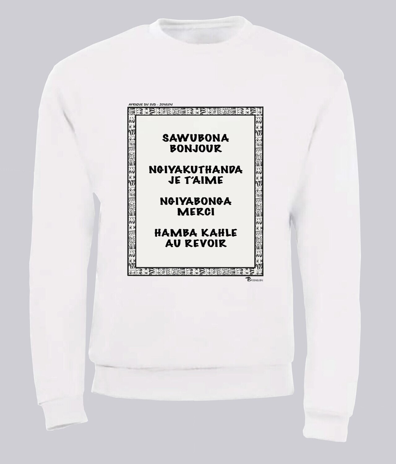 SWEAT LANGUE ZOULOU, COULEUR: BLANC, FOND MOTIF: BLANC