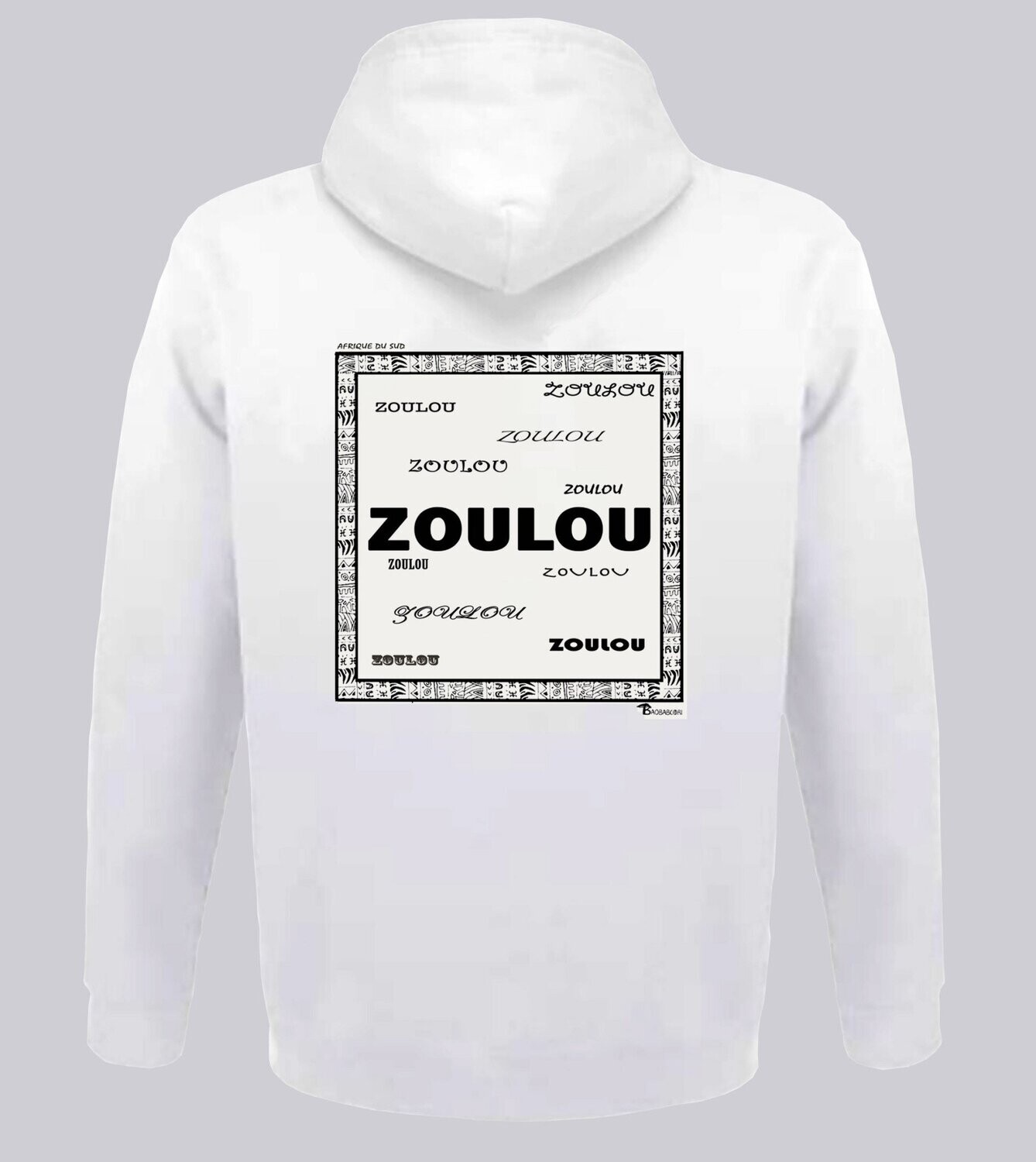 SWEAT A CAPUCHE RACINE ZOULOU, COULEUR: BLANC, FOND MOTIF: BLANC